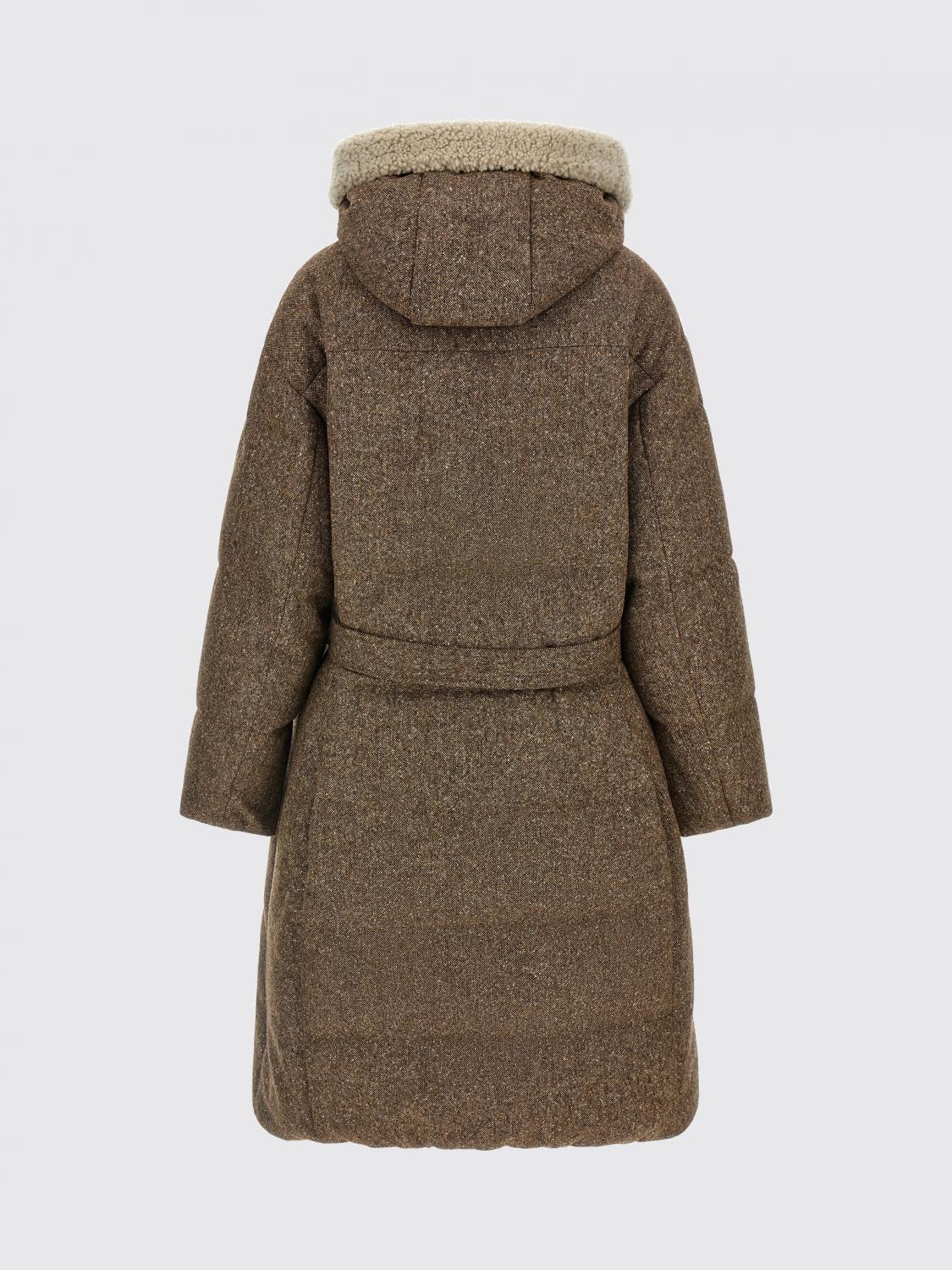 BRUNELLO CUCINELLI JACKET: Brunello Cucinelli Long Virgin Wool Puffer Coat with Shearling Hood, Brown - Img 3