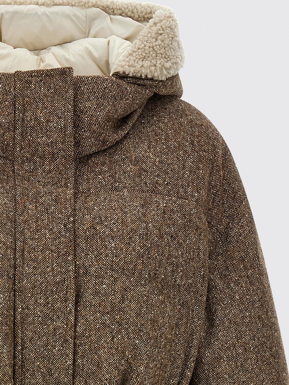 BRUNELLO CUCINELLI JACKET: Brunello Cucinelli Long Virgin Wool Puffer Coat with Shearling Hood, Brown - Img 4