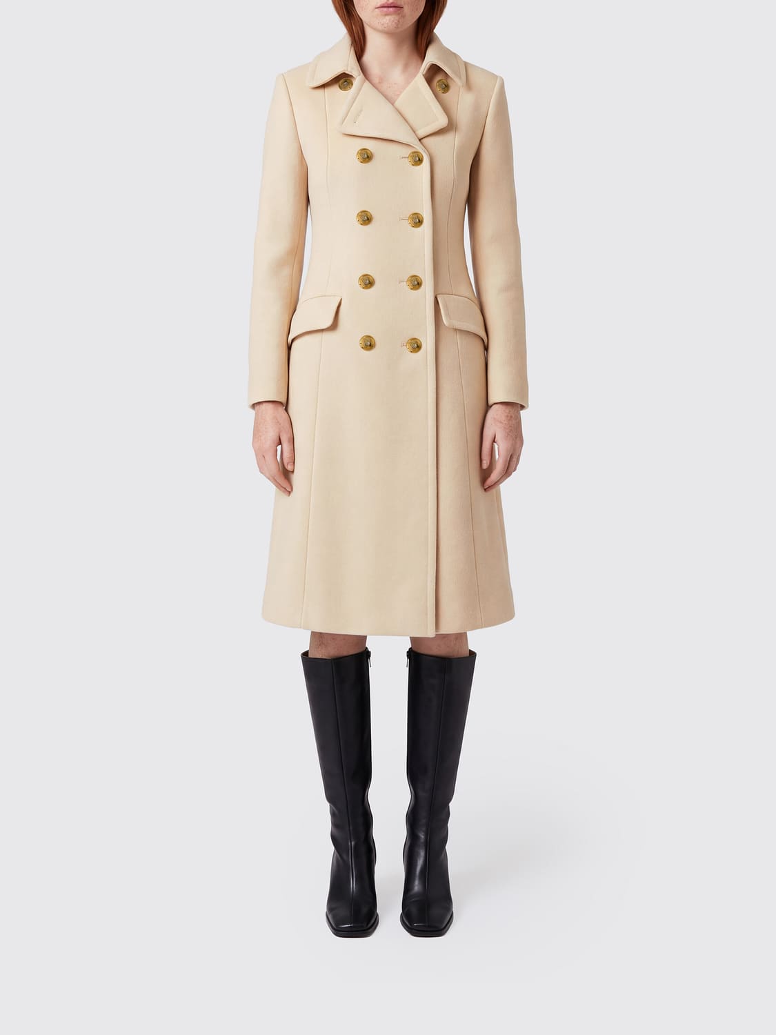 GUCCI COAT: Gucci Knee-Length Double-Breasted Wool Blend Coat, White - Img 1
