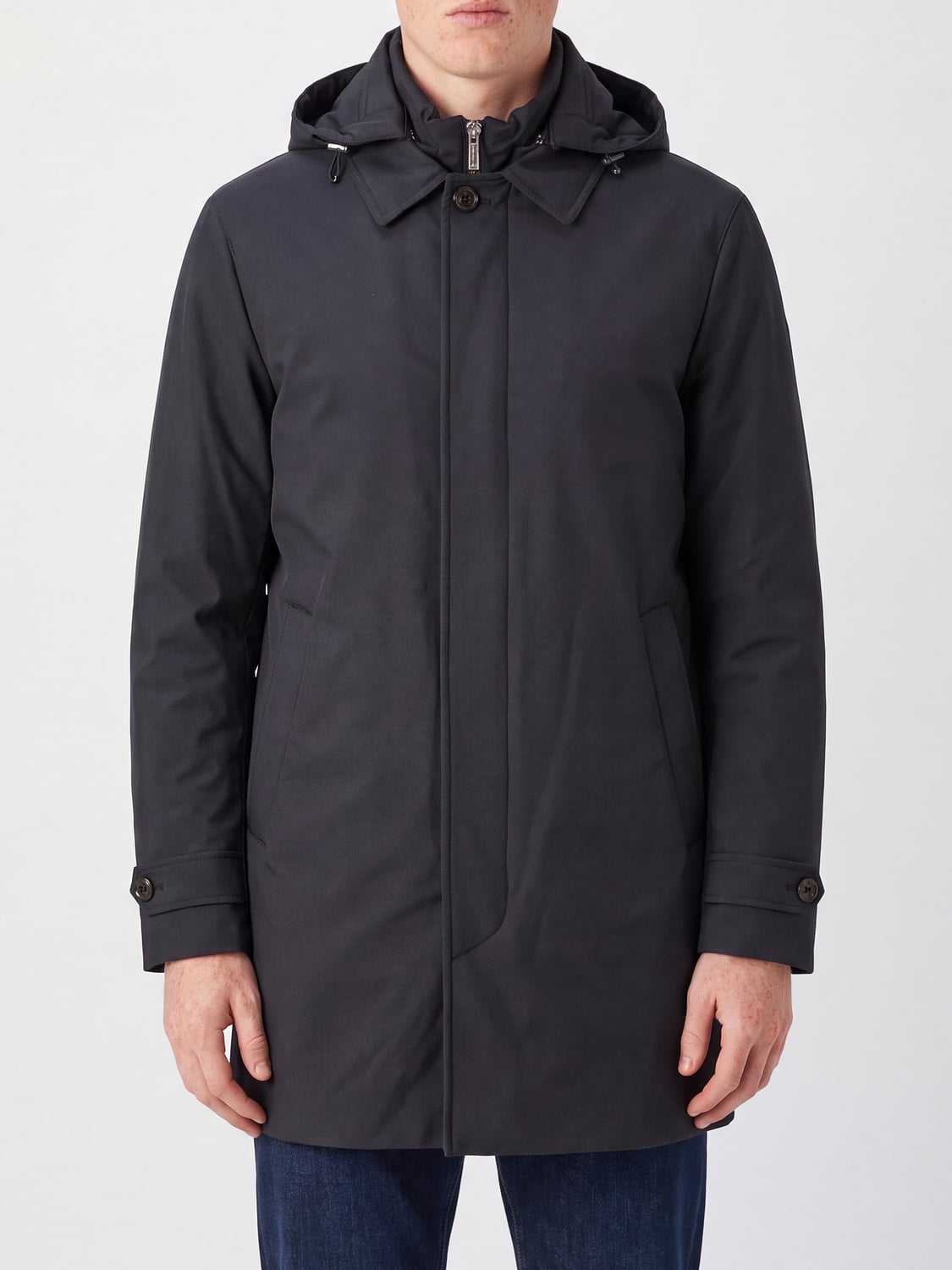 MOORER JACKET: Moorer Knee-Length Single-Breasted Trench Coat with Hood, Blue - Img 1