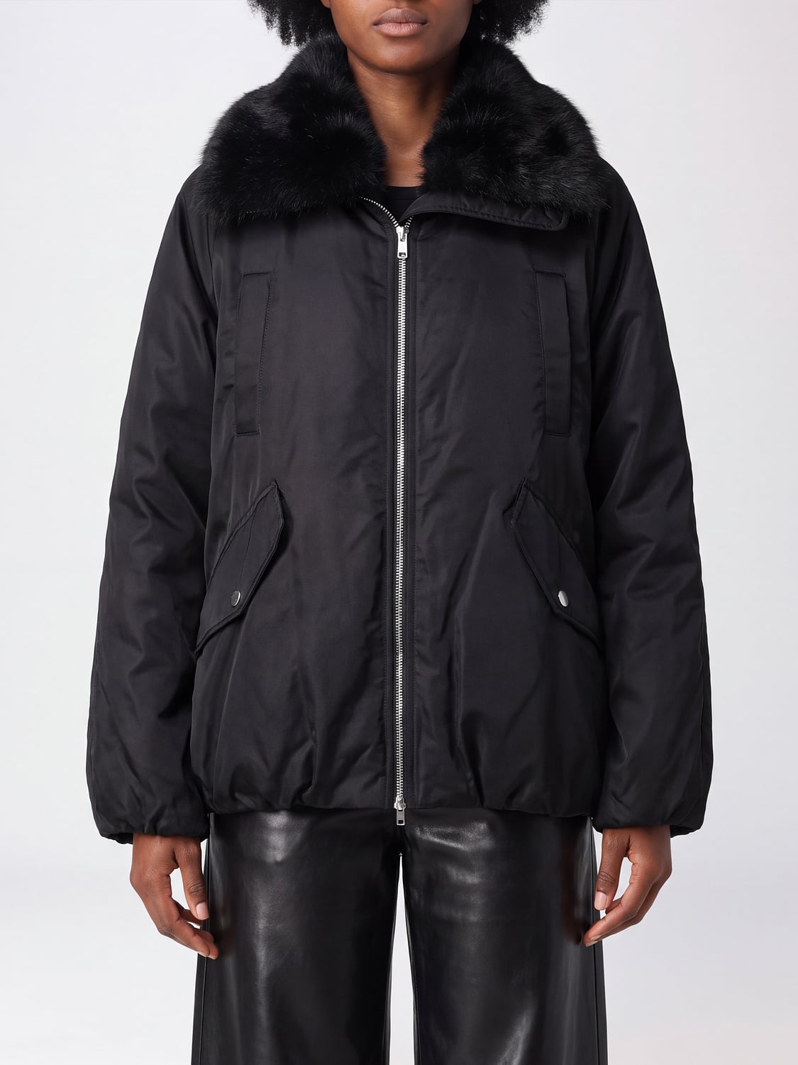 STAND STUDIO JACKET: Thilda Recycled Nylon Bomber Jacket Stand Studio with Fur Collar, Black - Img 1