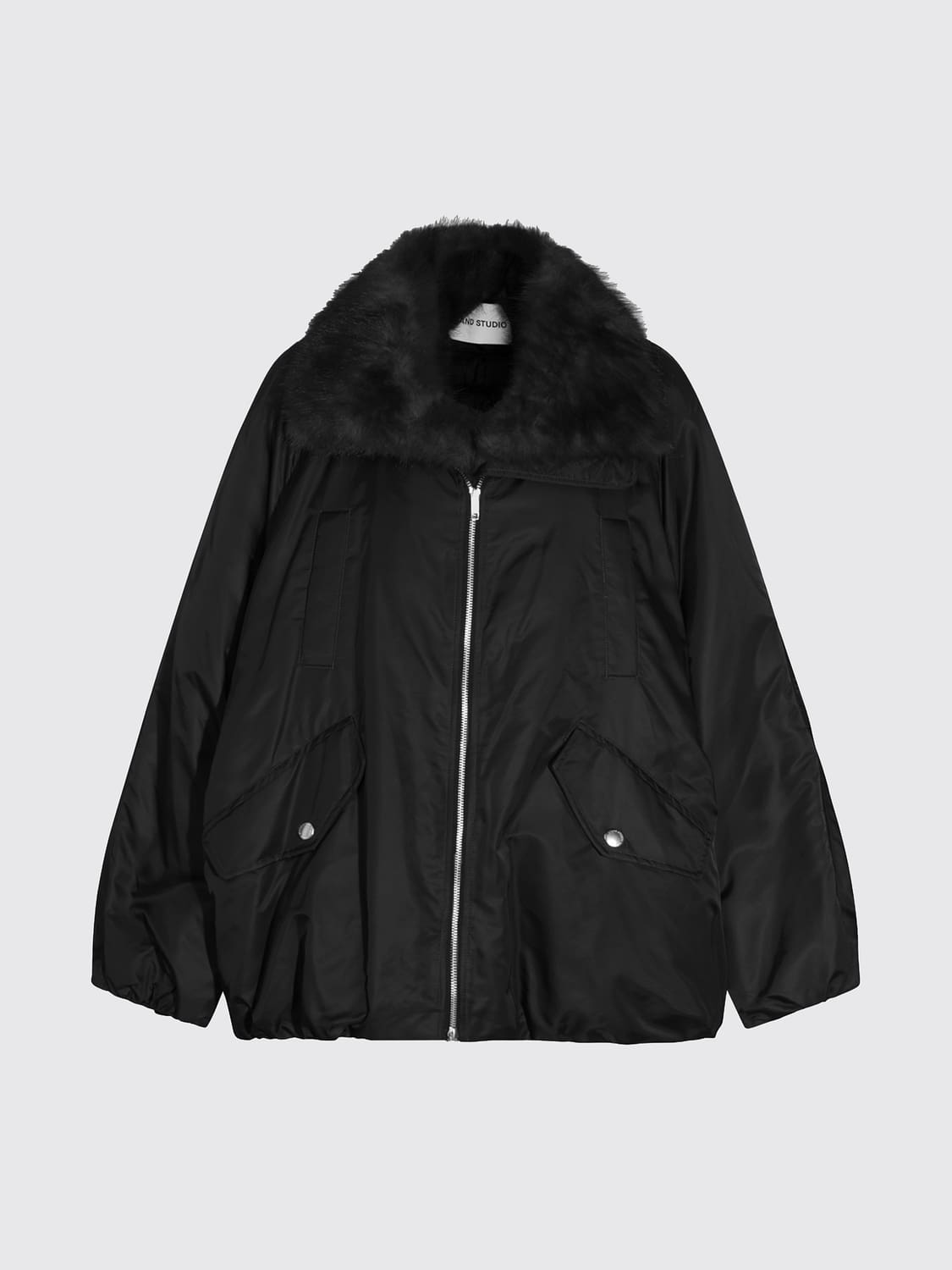 STAND STUDIO JACKET: Thilda Recycled Nylon Bomber Jacket Stand Studio with Fur Collar, Black - Img 2