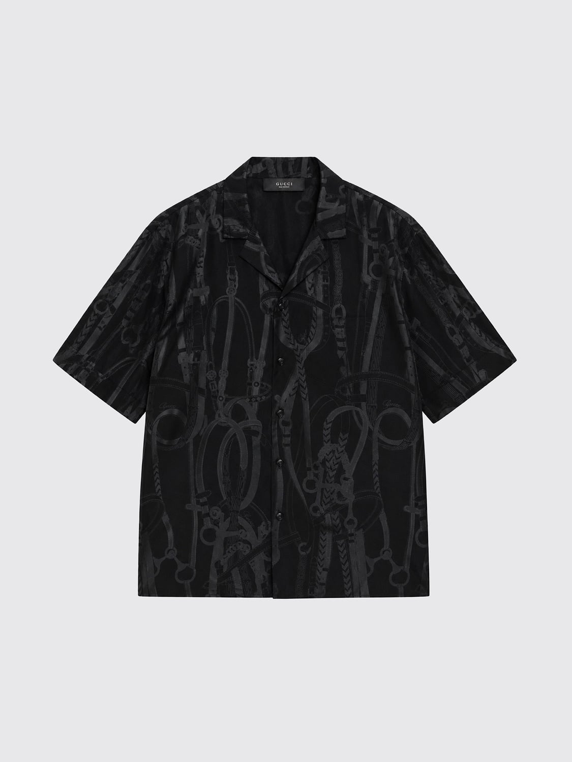 GUCCI SHIRT: Gucci Black Silk Bowling Shirt with Graphic Print and Cuban Collar, Black - Img 1