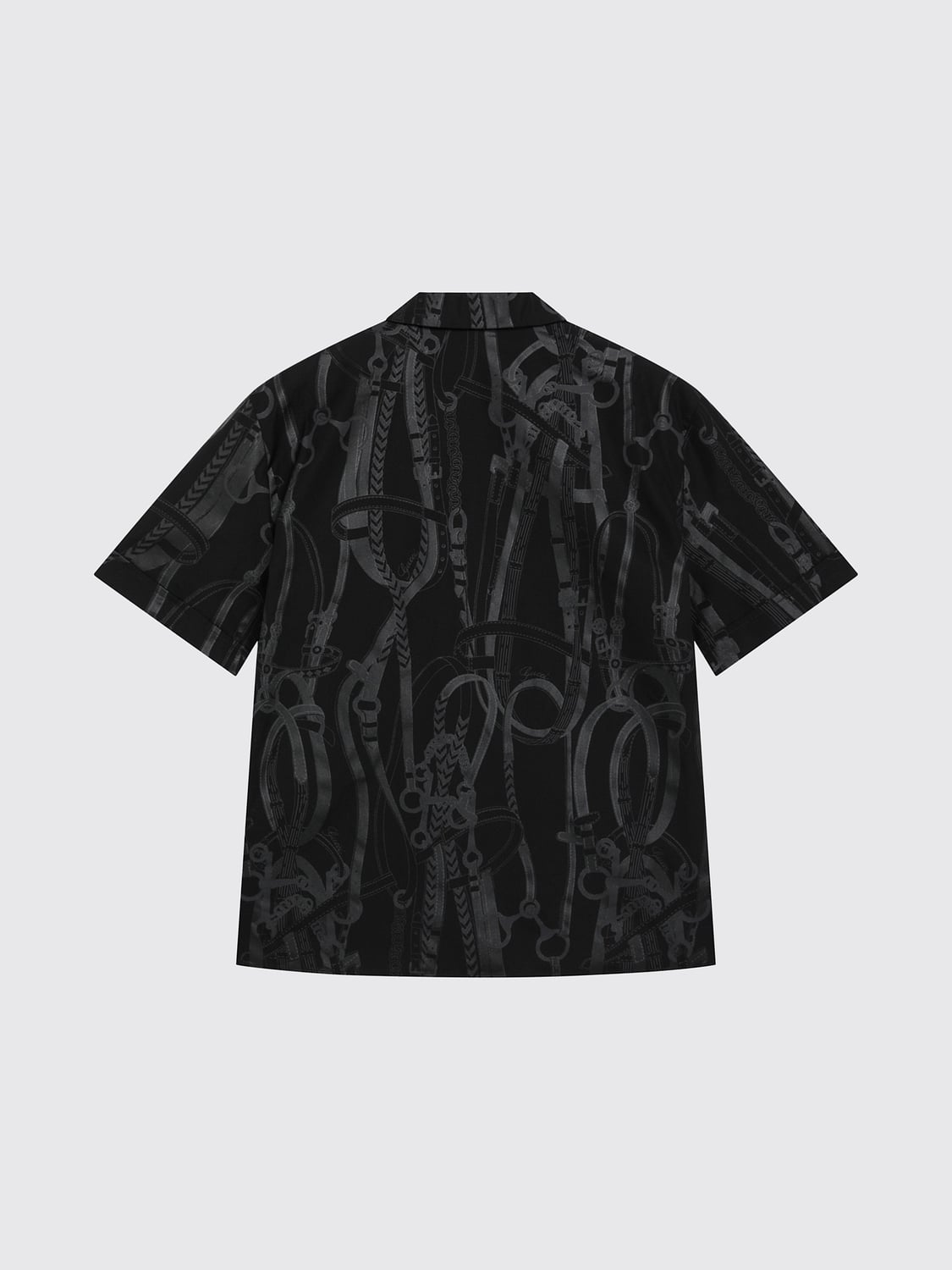 GUCCI SHIRT: Gucci Black Silk Bowling Shirt with Graphic Print and Cuban Collar, Black - Img 2