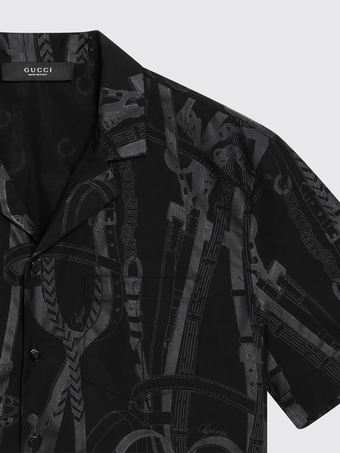 GUCCI SHIRT: Gucci Black Silk Bowling Shirt with Graphic Print and Cuban Collar, Black - Img 3