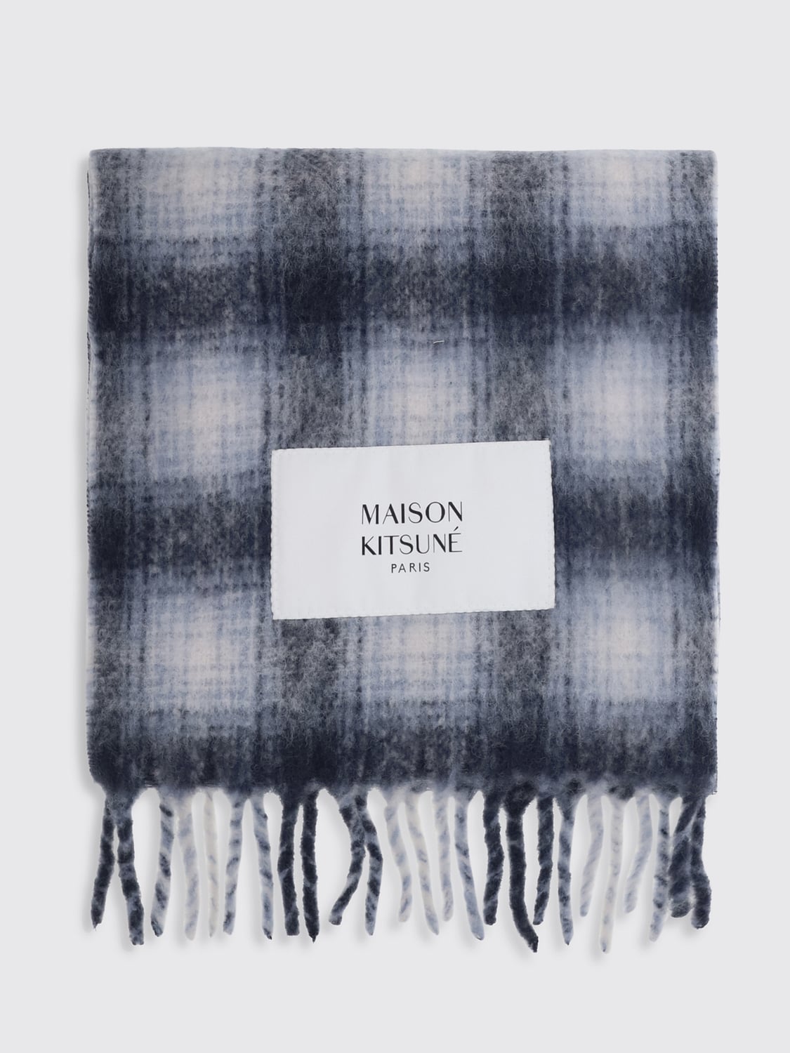 MAISON KITSUNÉ SCIARPA: Sciarpa Maison Kitsuné in misto lana d'alpaca con motivo check e bordi sfrangiati, Blue - Img 1