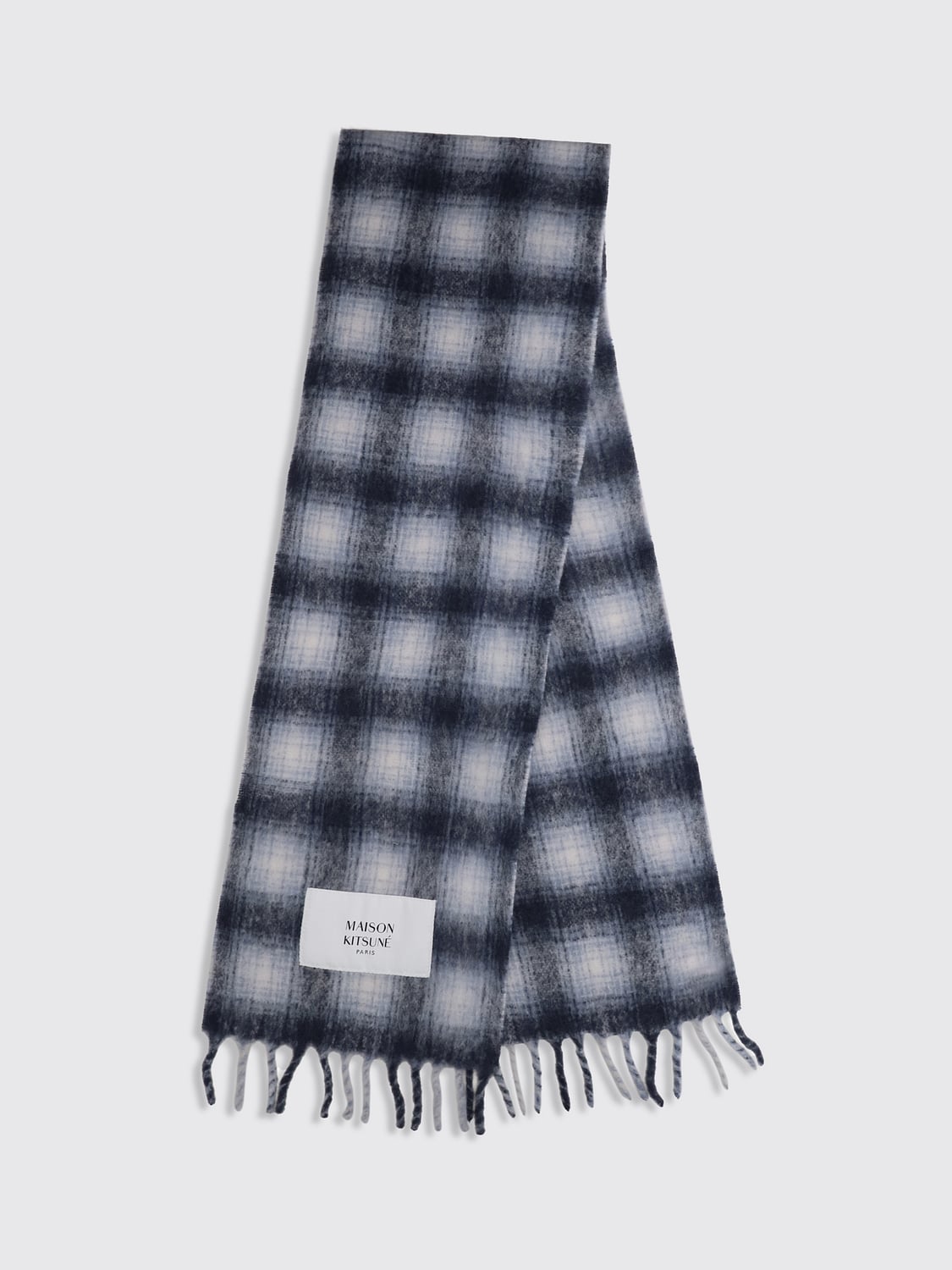 MAISON KITSUNÉ SCIARPA: Sciarpa Maison Kitsuné in misto lana d'alpaca con motivo check e bordi sfrangiati, Blue - Img 2
