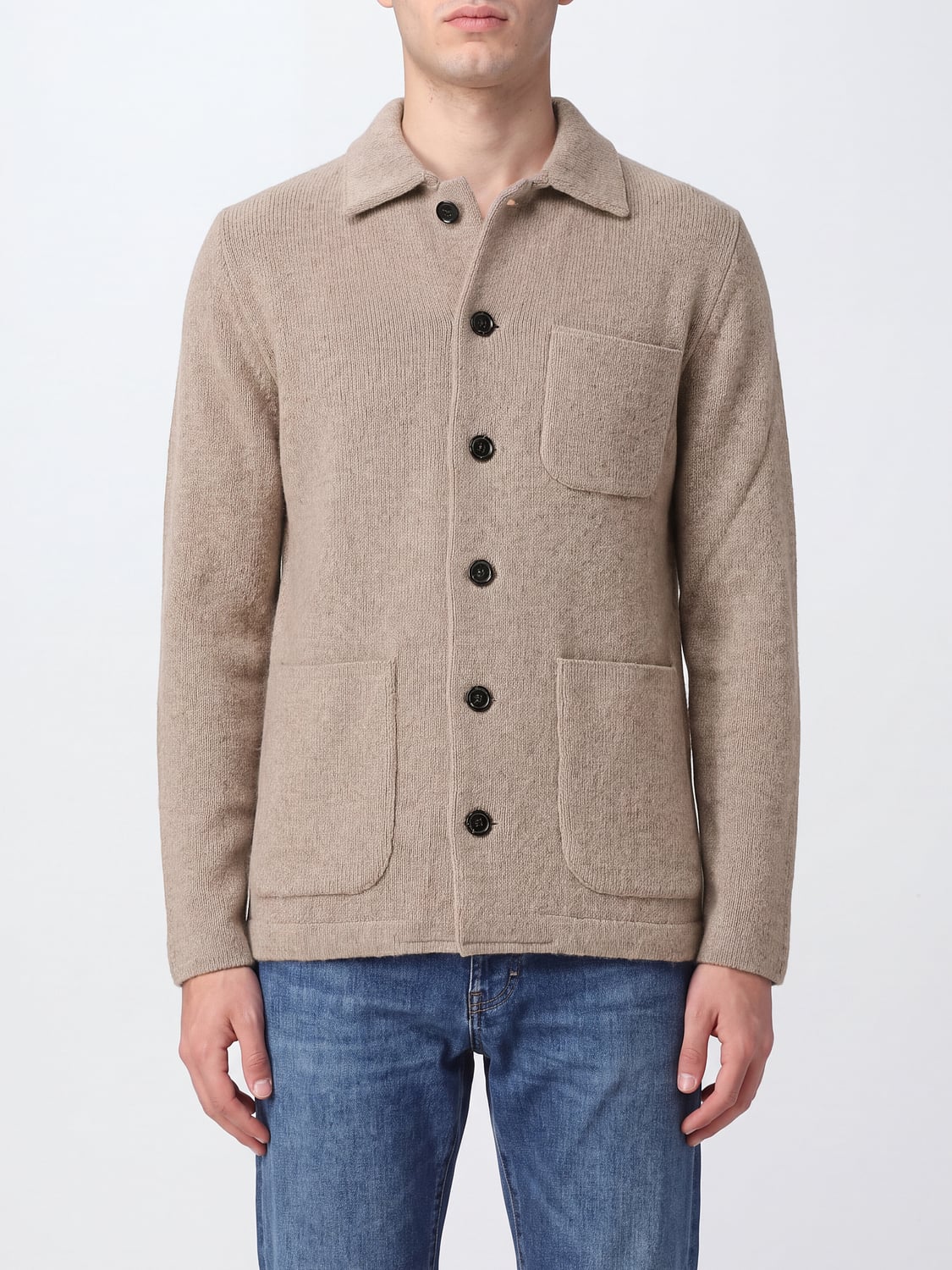 LARDINI SWEATER: Lardini Pure Cashmere Polo-Style Cardigan with Patch Pocket, Ecru - Img 1