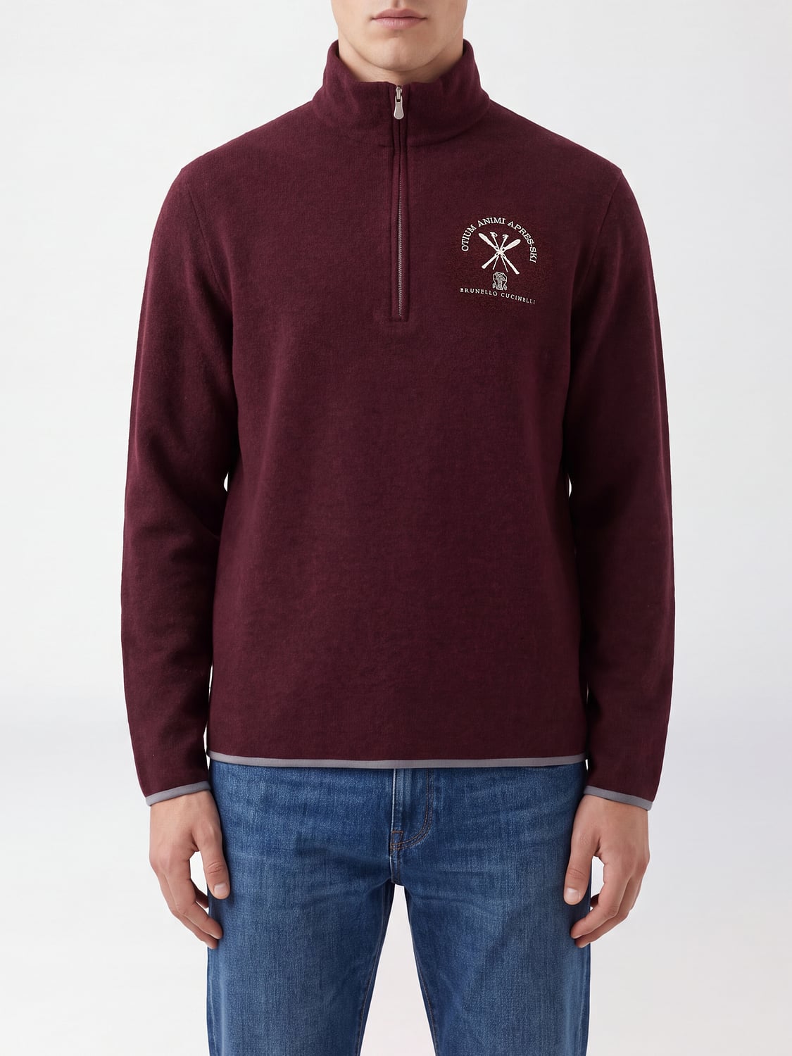 BRUNELLO CUCINELLI SWEATER: Brunello Cucinelli Half-Zip Cashmere and Cotton High-Neck Jumper, Burgundy - Img 1