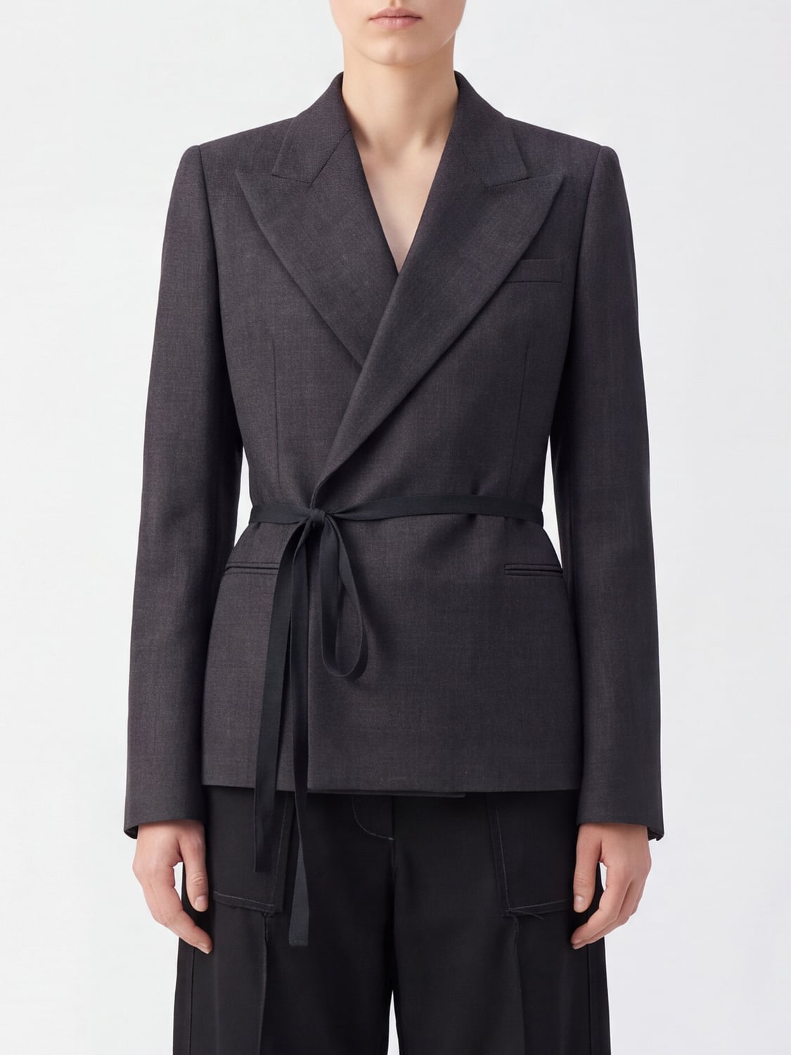 MAISON MARGIELA JACKET: Maison Margiela Short Robe-Style Wool Blazer with Peak Lapels and Belt, Grey - Img 1