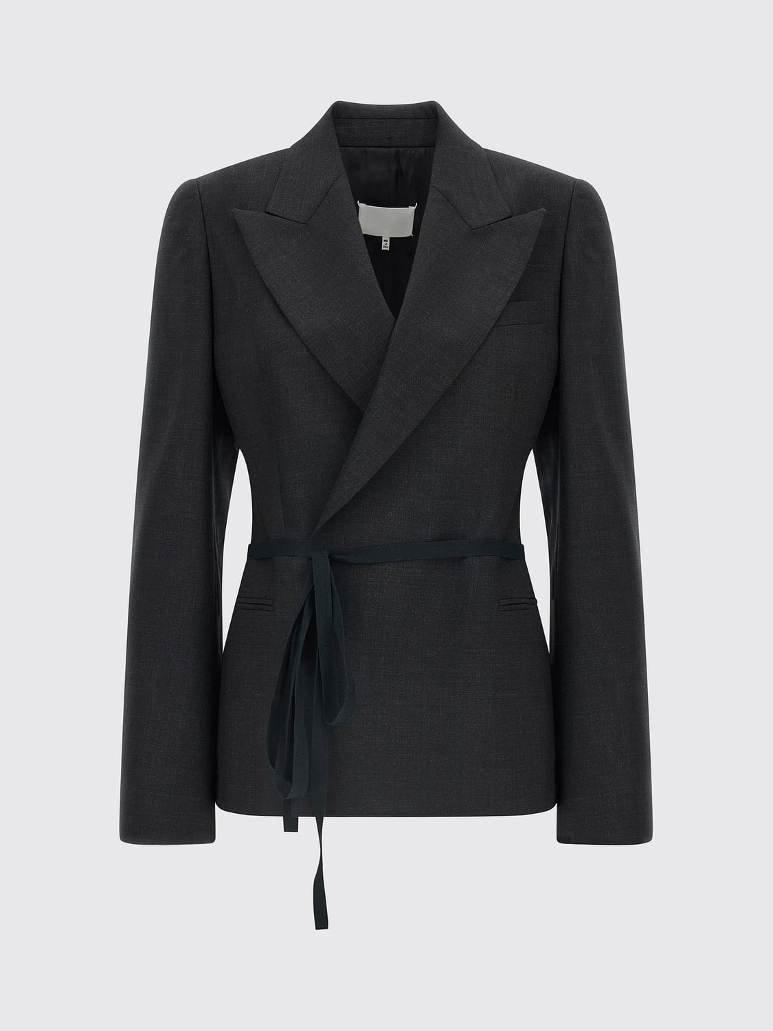 MAISON MARGIELA JACKET: Maison Margiela Short Robe-Style Wool Blazer with Peak Lapels and Belt, Grey - Img 2