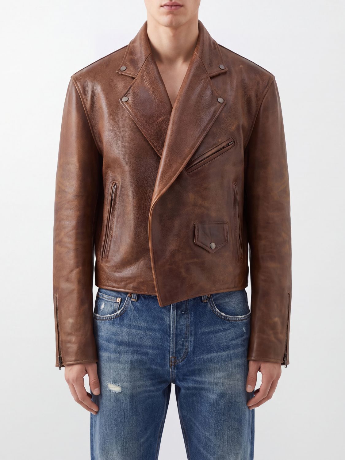 MAISON MARGIELA JACKET: Maison Margiela Calfskin Leather Biker Jacket with Zipped Cuffs, Brown - Img 1