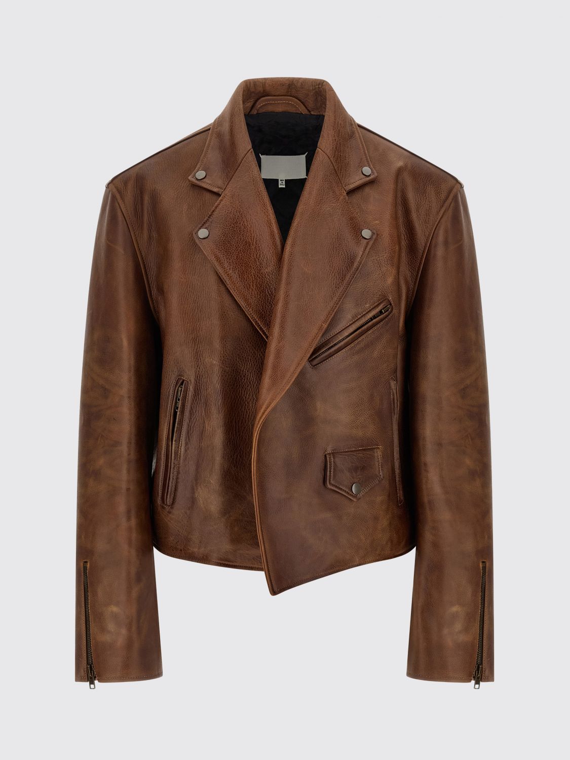 MAISON MARGIELA JACKET: Maison Margiela Calfskin Leather Biker Jacket with Zipped Cuffs, Brown - Img 2