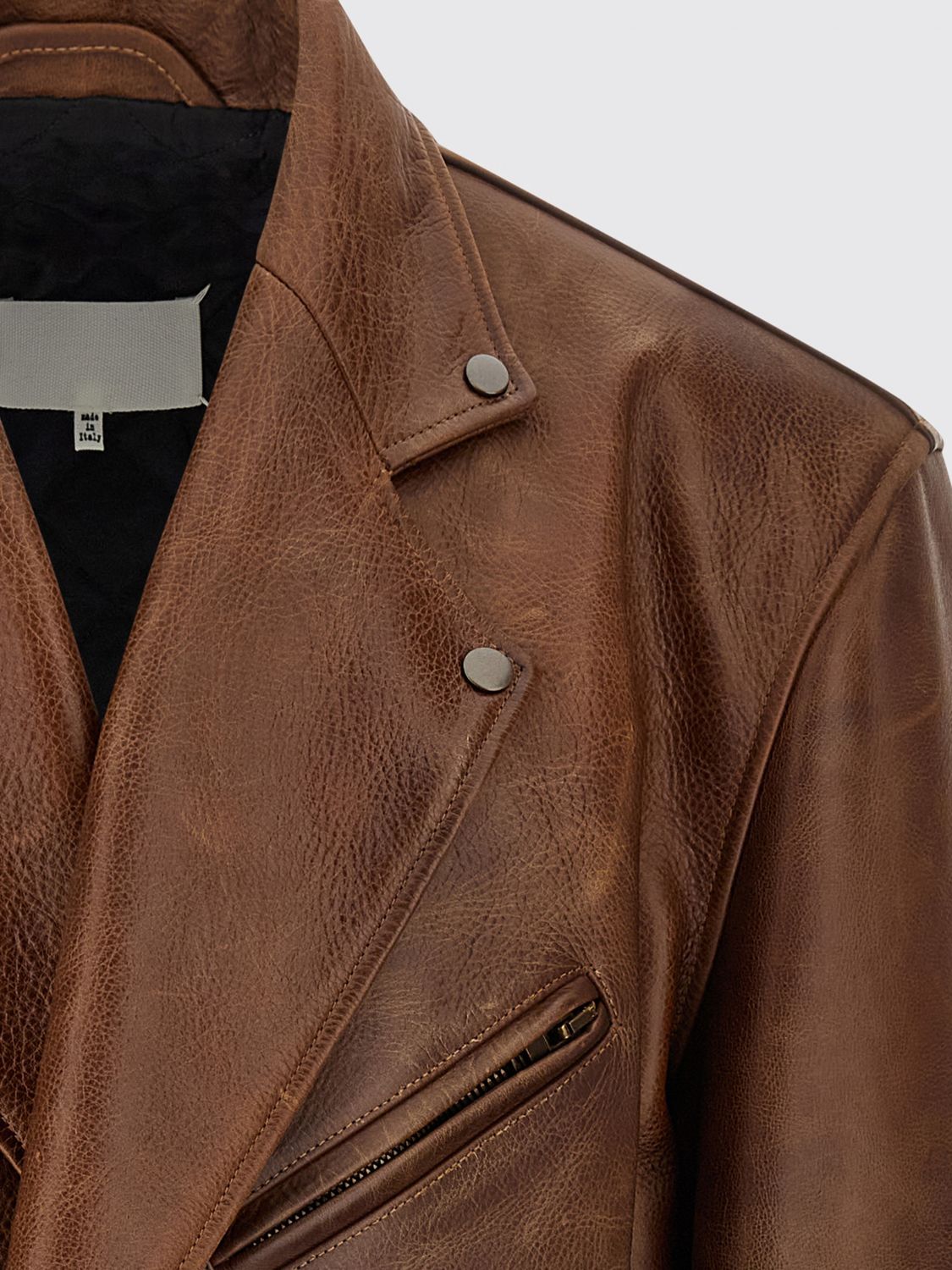 MAISON MARGIELA JACKET: Maison Margiela Calfskin Leather Biker Jacket with Zipped Cuffs, Brown - Img 4