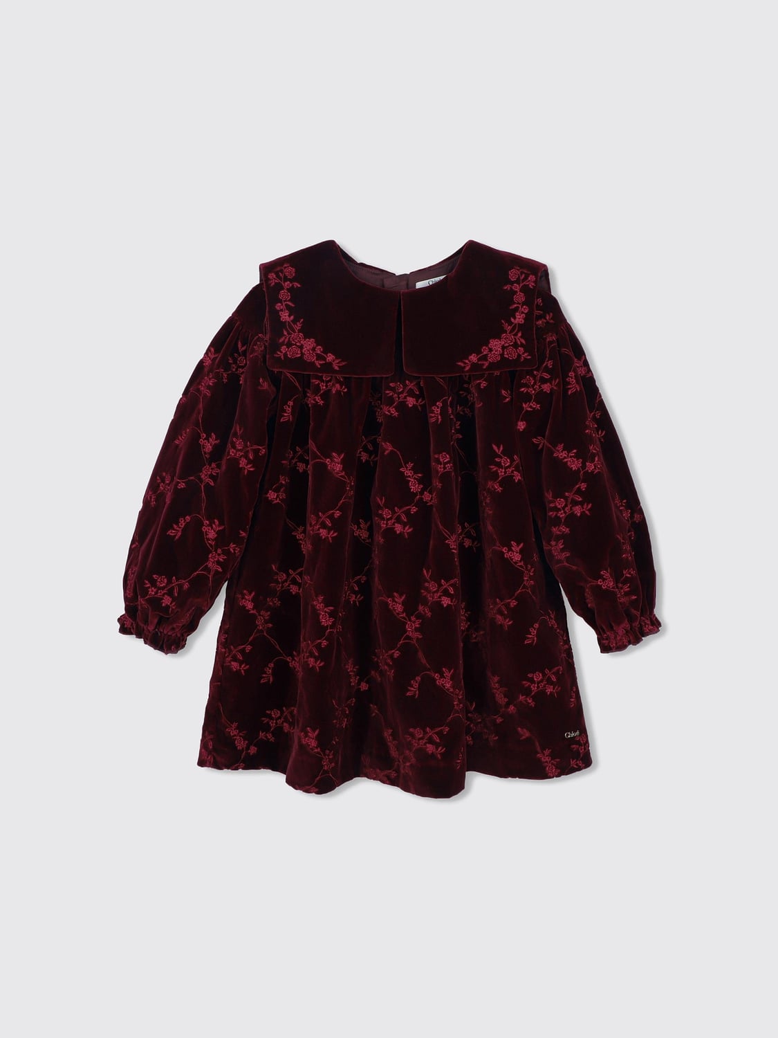 CHLOÉ KLEID: Chloé Langärmeliges Samtkleid für Mädchen mit Blumendruck, Rot - Img 1