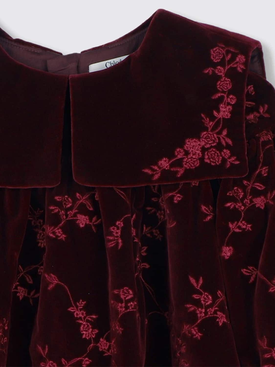 CHLOÉ KLEID: Chloé Langärmeliges Samtkleid für Mädchen mit Blumendruck, Rot - Img 3