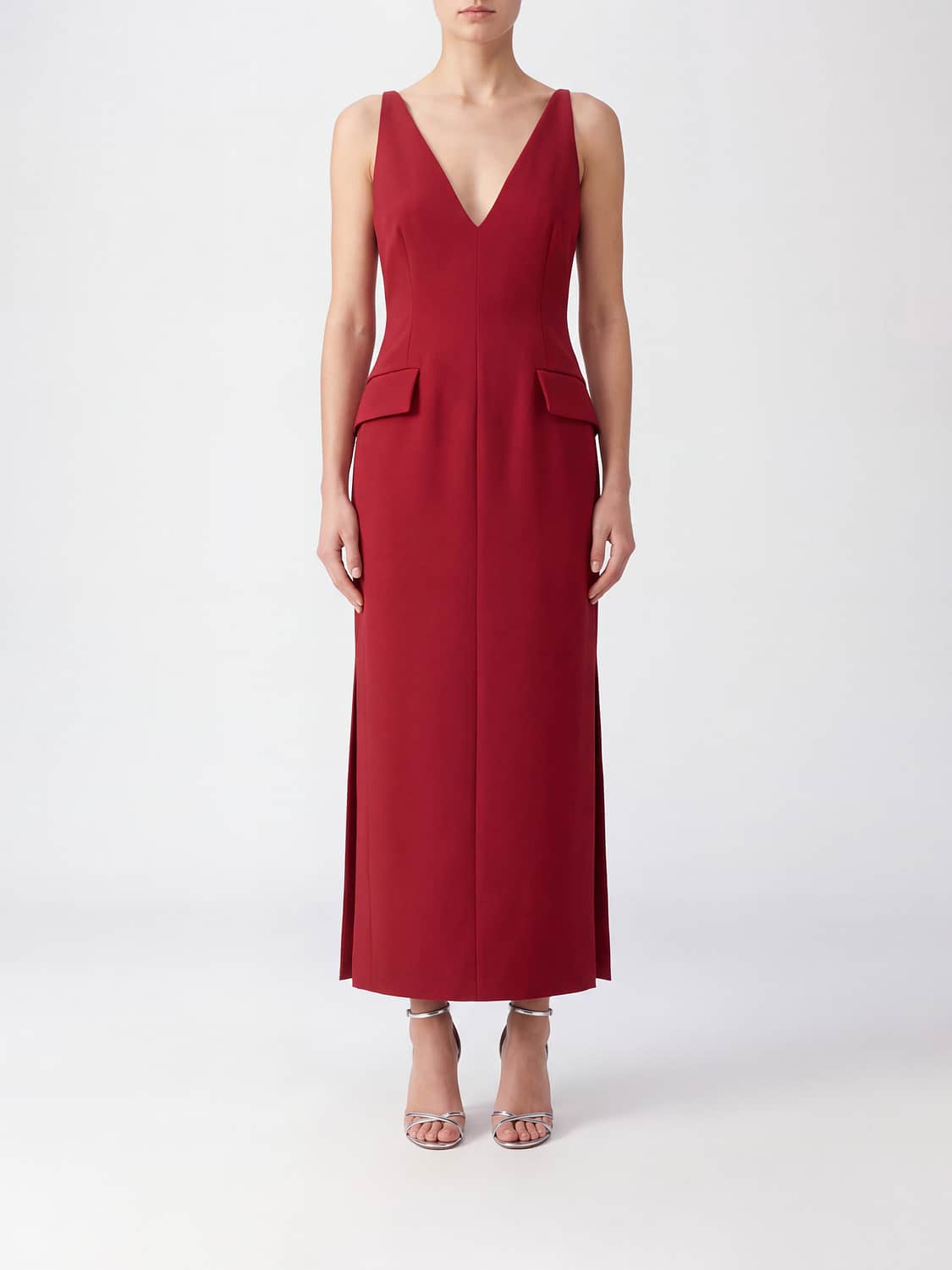SPORTMAX ABITO: Abito midi a tubino Sportmax in raso slim fit con spalle scoperte e scollo a V, Rosso - Img 1