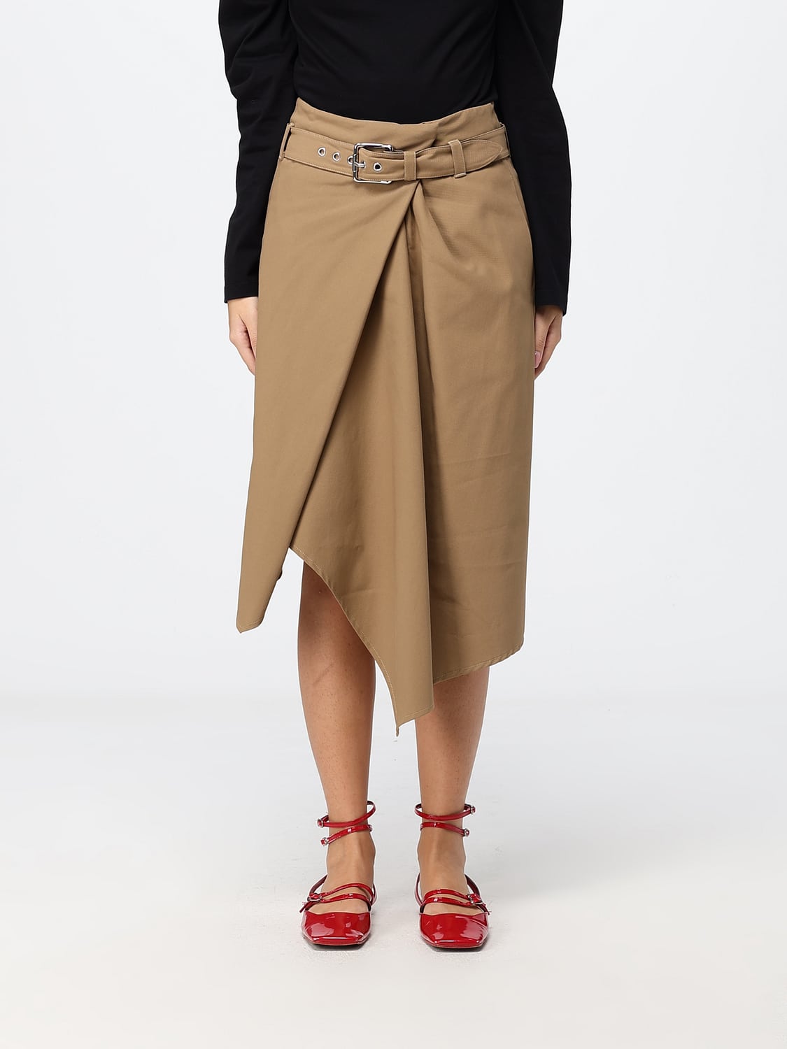 LOEWE GONNA: Gonna midi asimmetrica Loewe in cotone a vita alta con cintura regolabile, Beige - Img 1