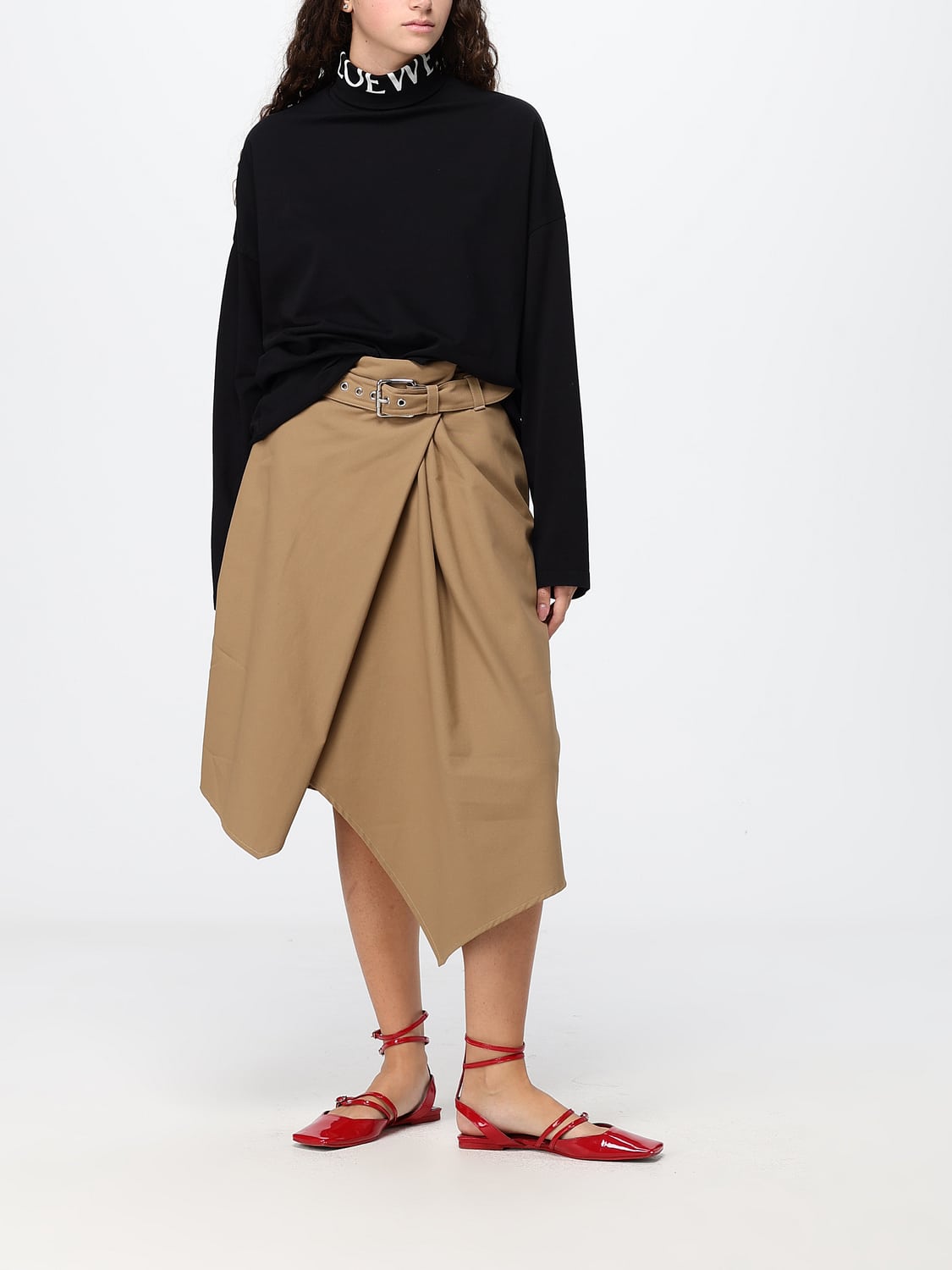 LOEWE GONNA: Gonna midi asimmetrica Loewe in cotone a vita alta con cintura regolabile, Beige - Img 2