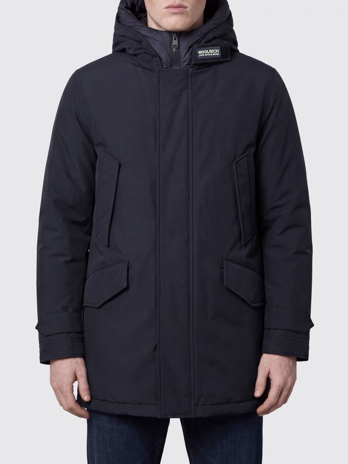 WOOLRICH COAT: Short Hooded Utility Parka Woolrich in Cotton-Nylon with Concealed Closure, Blue - Img 1