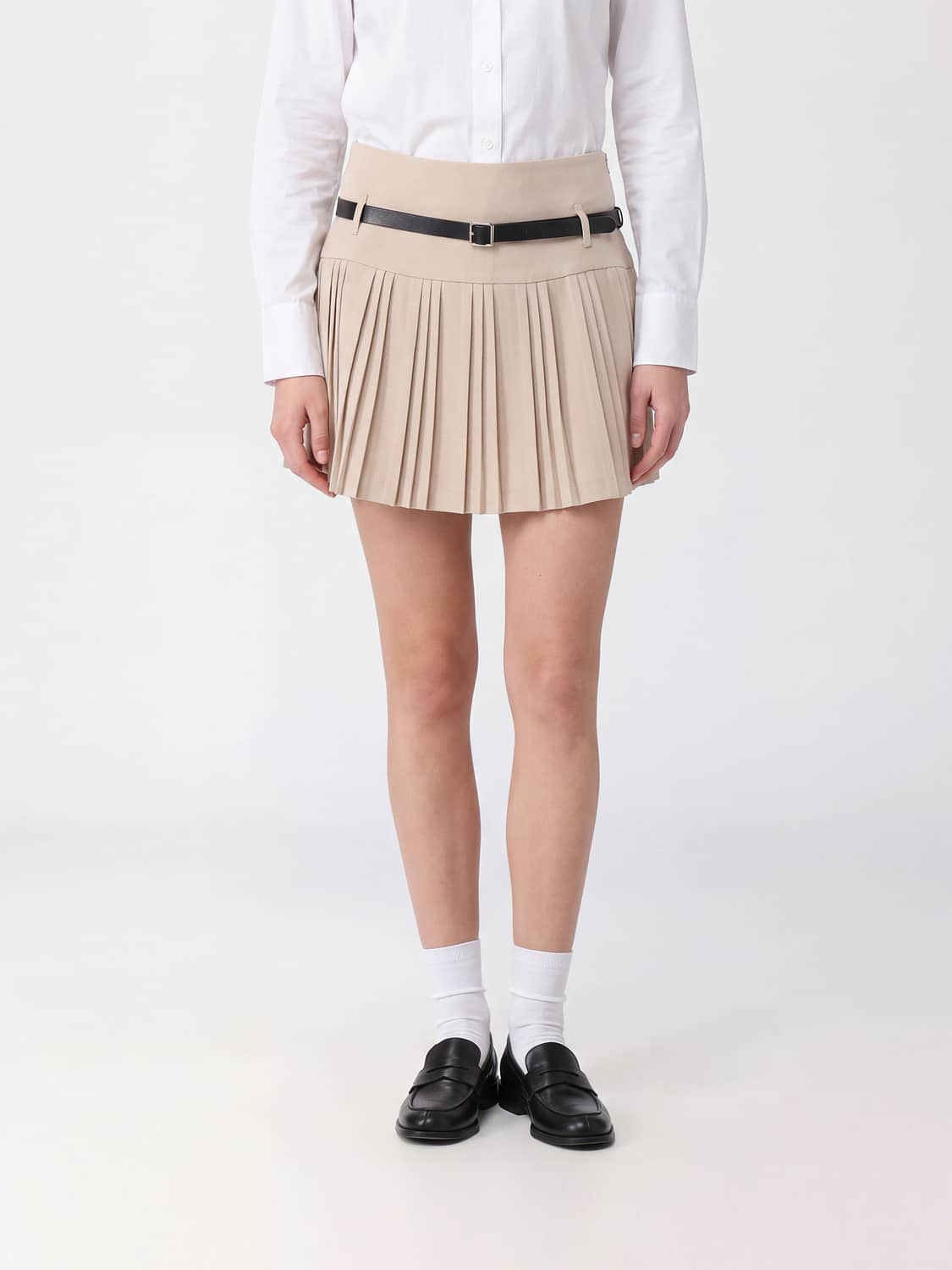 ELEH GONNA: Minigonna plissettata ELEH a vita alta con cintura regolabile, Beige - Img 1