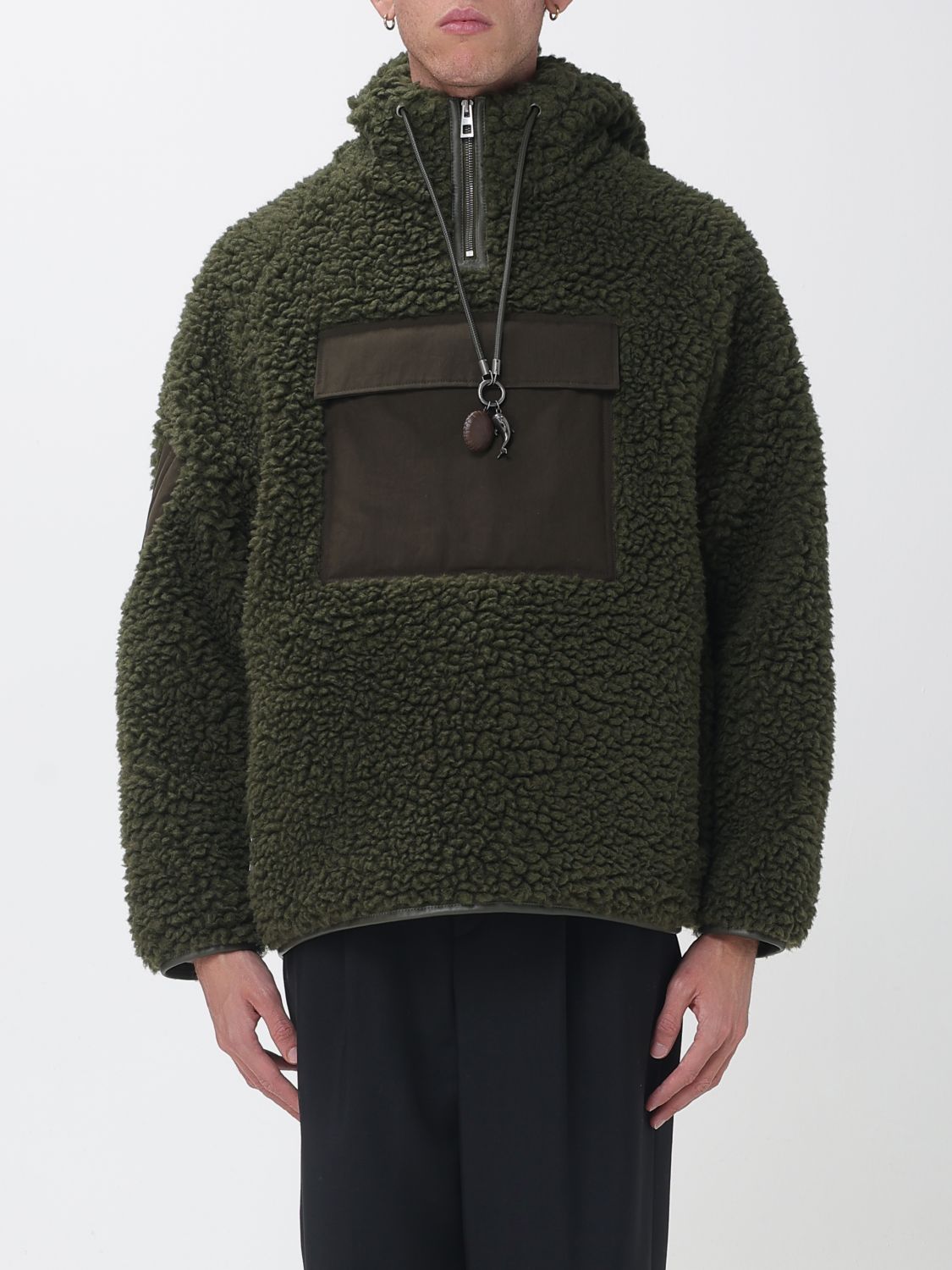 LOEWE JACKET: Hooded Half-Zip Wool Blend Fleece Jacket Loewe with Flap Pockets, Kaki - Img 1