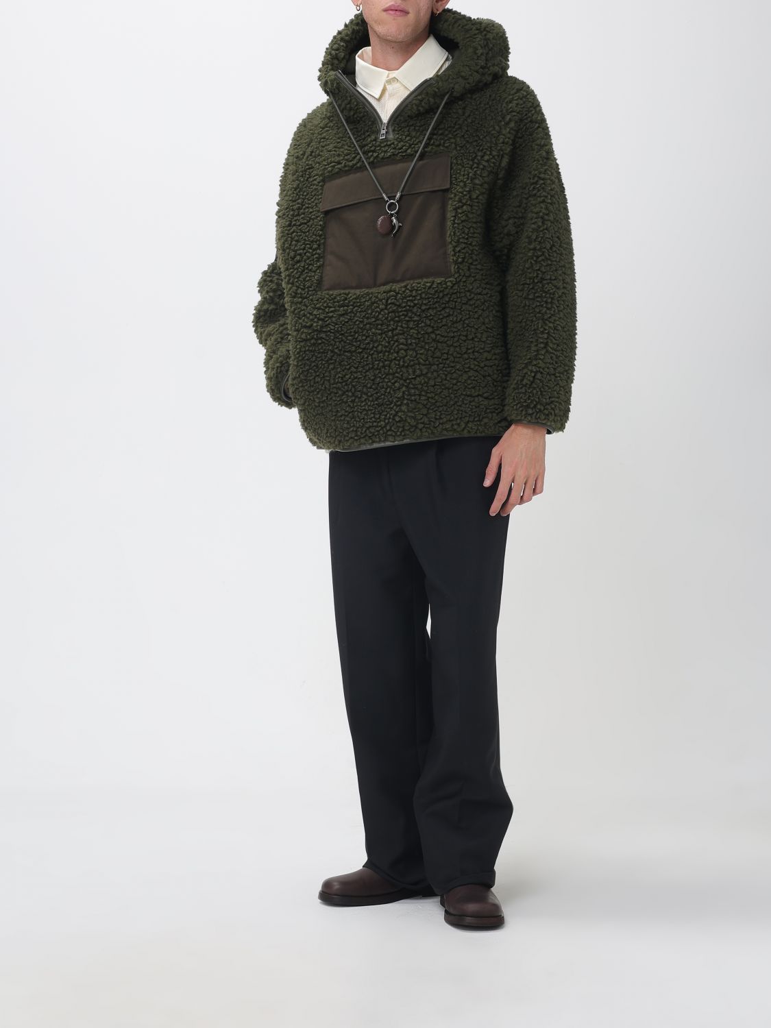 LOEWE JACKET: Hooded Half-Zip Wool Blend Fleece Jacket Loewe with Flap Pockets, Kaki - Img 2