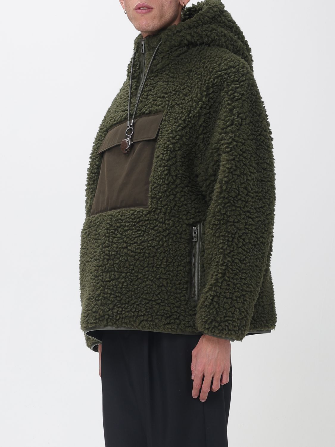 LOEWE JACKET: Hooded Half-Zip Wool Blend Fleece Jacket Loewe with Flap Pockets, Kaki - Img 4