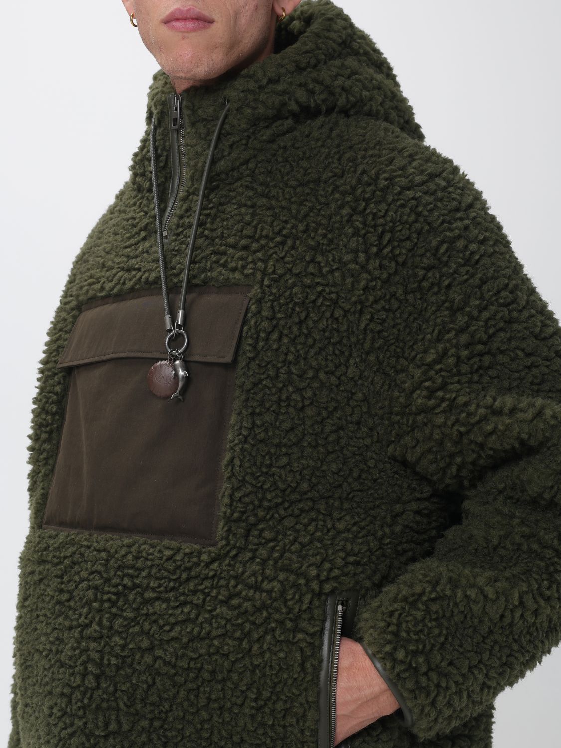 LOEWE JACKET: Hooded Half-Zip Wool Blend Fleece Jacket Loewe with Flap Pockets, Kaki - Img 5