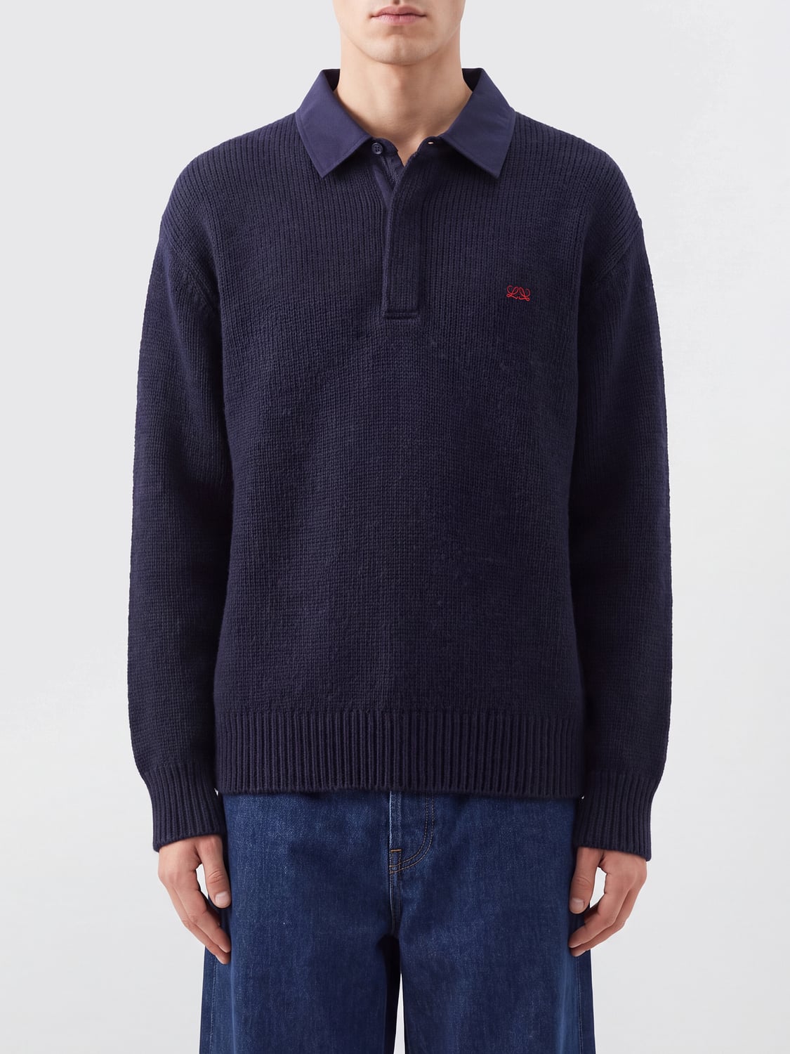 LOEWE POLO: Polo in maglia di lana Loewe a maniche lunghe con colletto e polsi a costine, Blue - Img 1