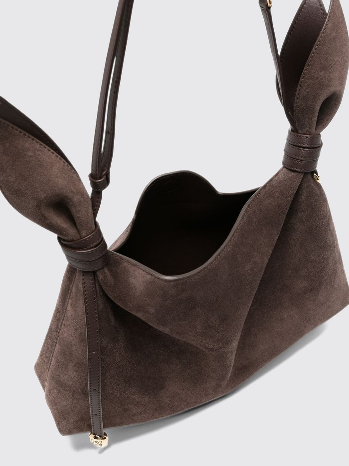 LOEWE BORSA A SPALLA: Borsa a spalla Scarf Loewe in pelle di vitello scamosciata con nodo decorativo, Marrone - Img 5