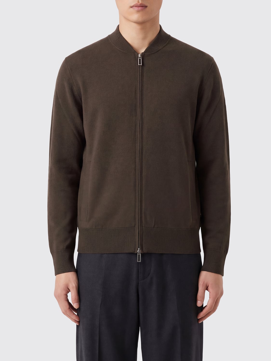 PAOLO PECORA SWEATER: Paolo Pecora Wool and Cotton Zip-Up Cardigan with Bomber Collar, Brown - Img 1