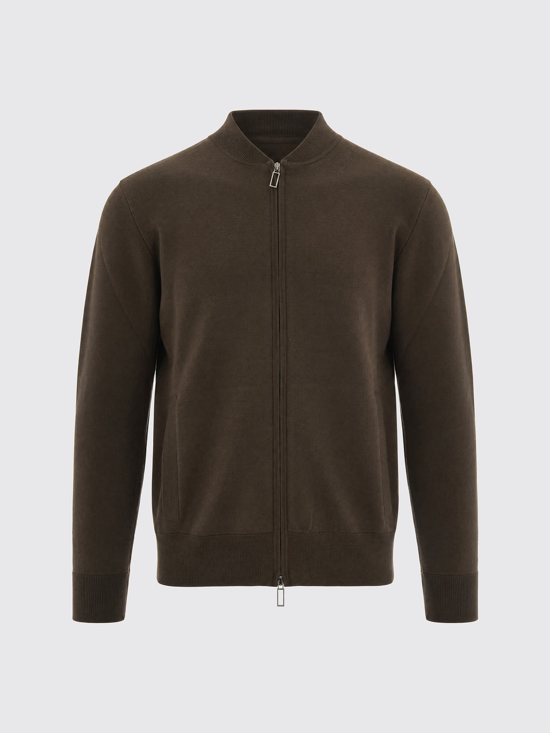 PAOLO PECORA SWEATER: Paolo Pecora Wool and Cotton Zip-Up Cardigan with Bomber Collar, Brown - Img 2