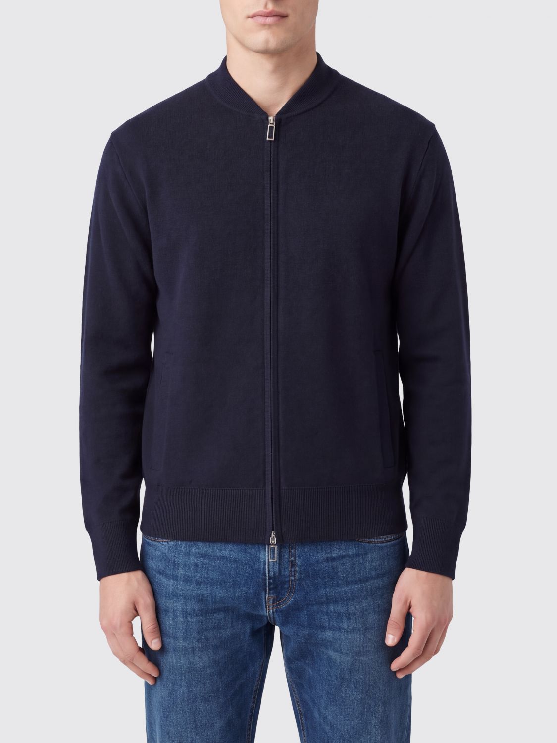 PAOLO PECORA PULL: Cardigan zippé Paolo Pecora en laine et coton avec col bomber, Bleu Marine - Img 1