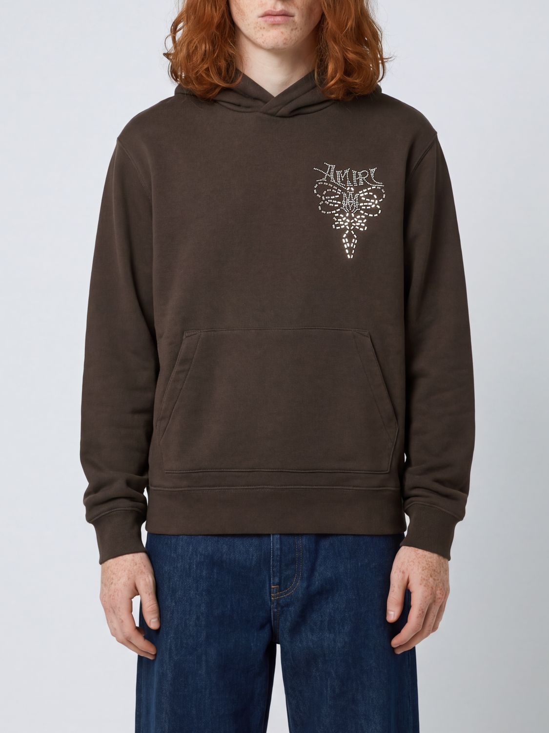 AMIRI SWEATSHIRT: Rhinestone Logo Embroidered Cotton Hoodie Amiri, Brown - Img 1