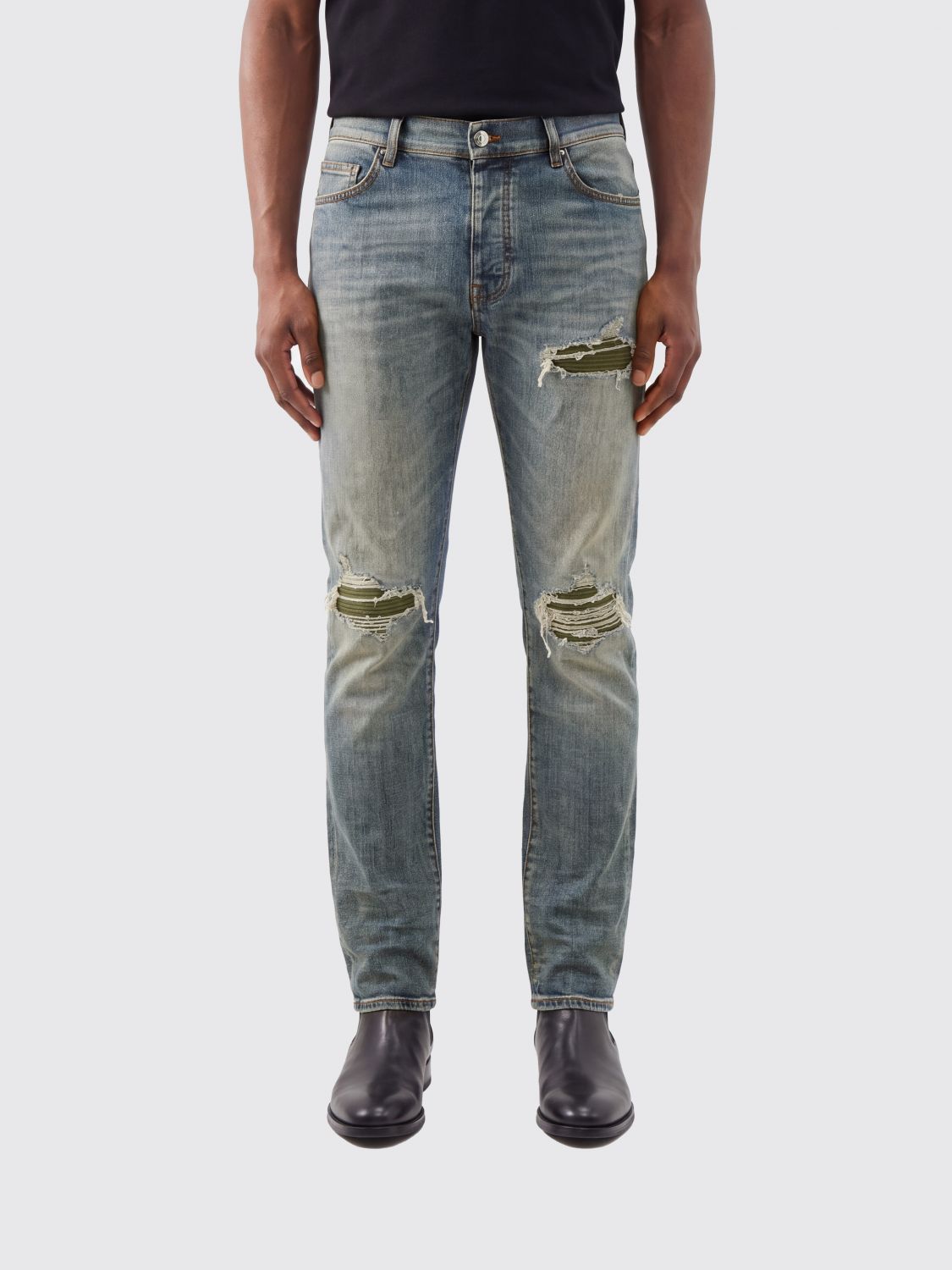 AMIRI ジーンズ: AMIRI ミッドライズ ストレートフィット ディストレストストレッチデニムジーンズ, ブルー - Img 1
