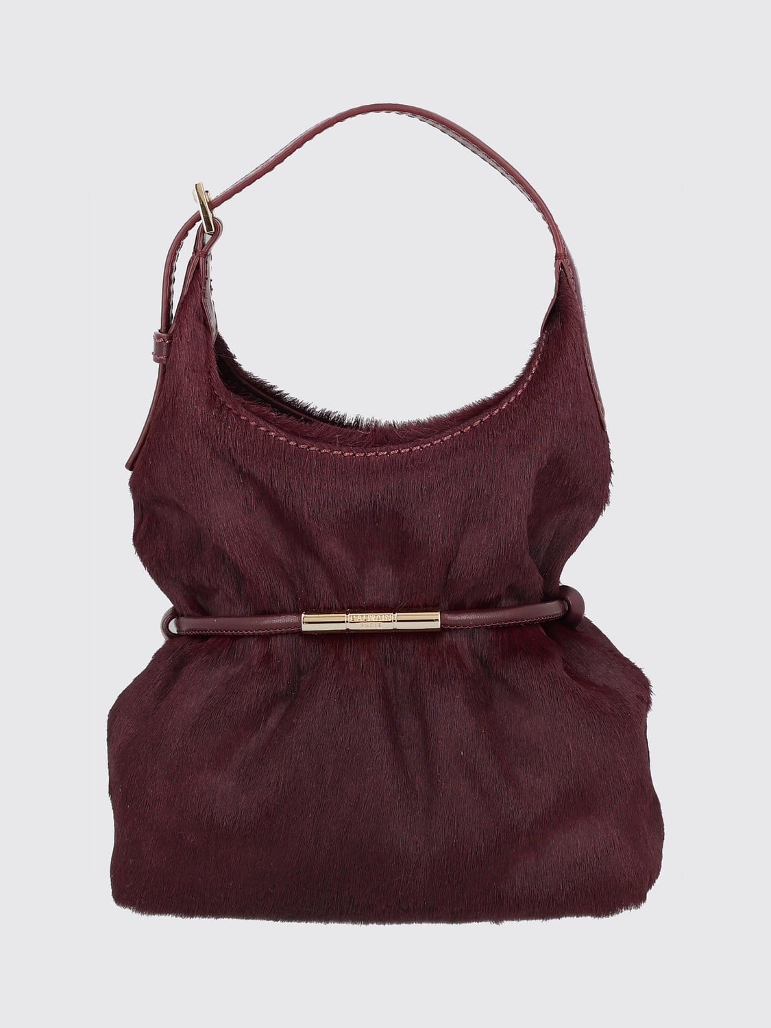 BALMAIN MINI BOLSO: Minibolso Sphynx Balmain asimétrico de piel de becerro fruncida, Granate - Img 1