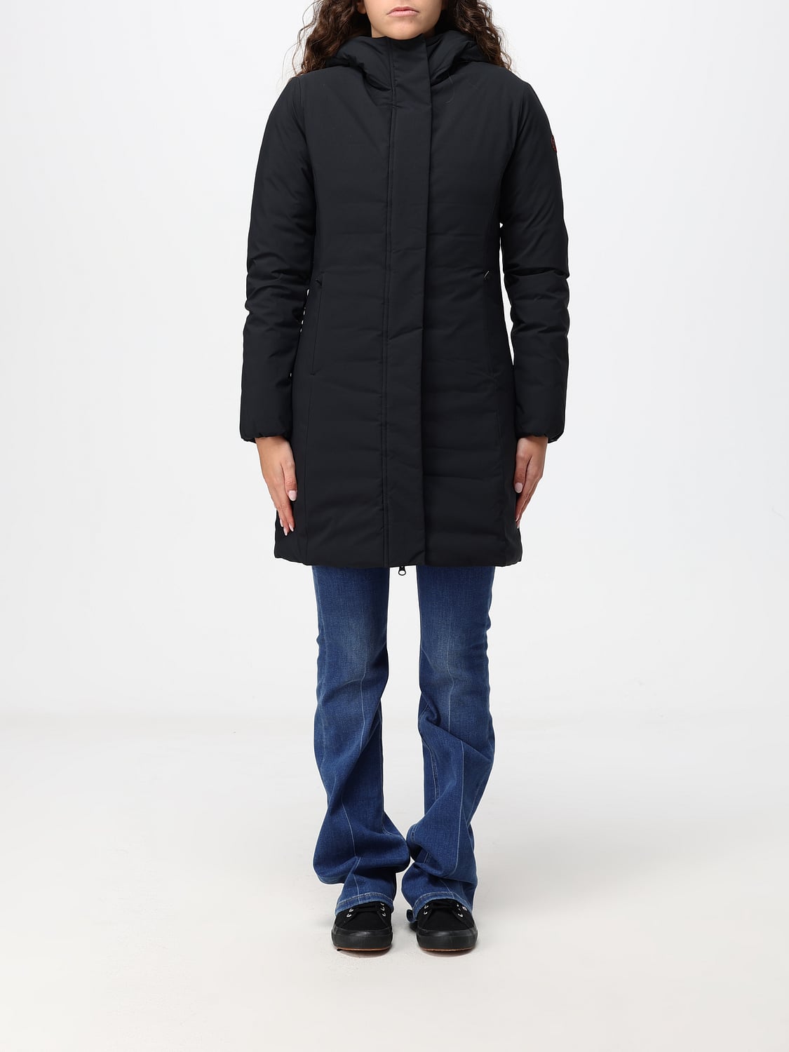 SAVE THE DUCK JACKET: Save The Duck Leyla Slim Knee-Length Puffer Jacket with Hood, Black - Img 1