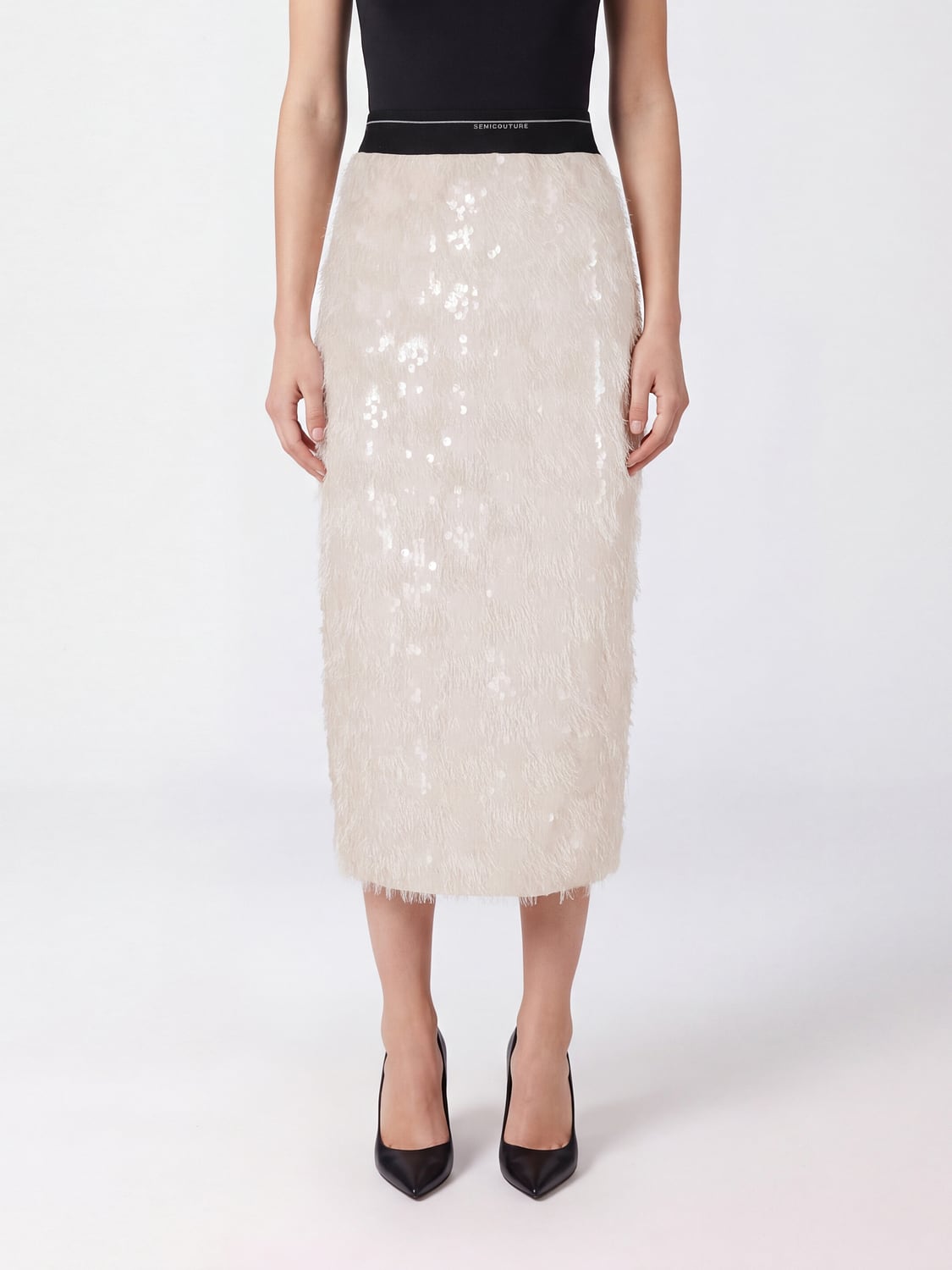 SEMICOUTURE FALDA: Falda midi de tubo Semicouture de talle alto con bordado de lentejuelas y flecos, Blanco - Img 1
