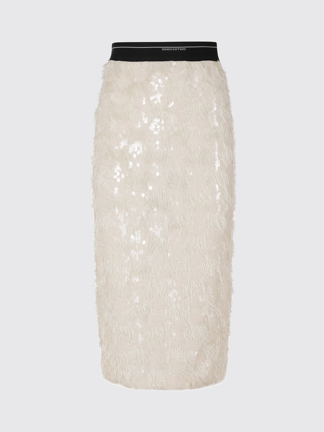 SEMICOUTURE FALDA: Falda midi de tubo Semicouture de talle alto con bordado de lentejuelas y flecos, Blanco - Img 2