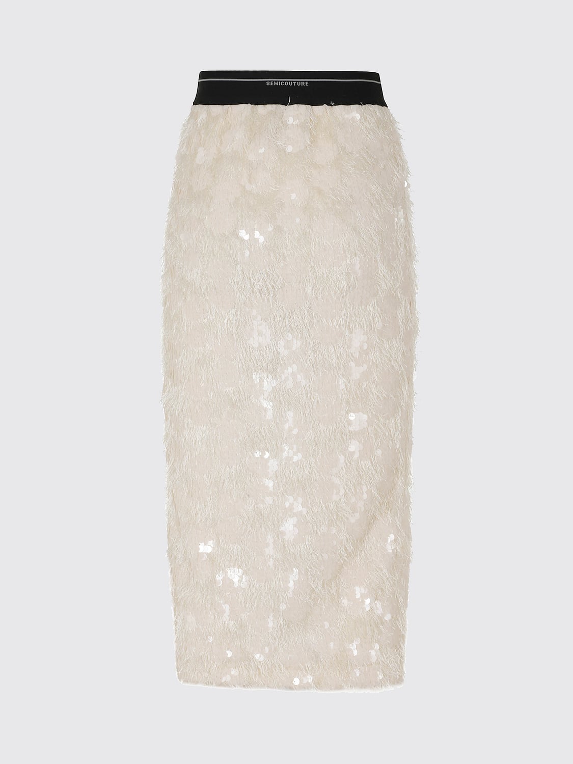 SEMICOUTURE FALDA: Falda midi de tubo Semicouture de talle alto con bordado de lentejuelas y flecos, Blanco - Img 3