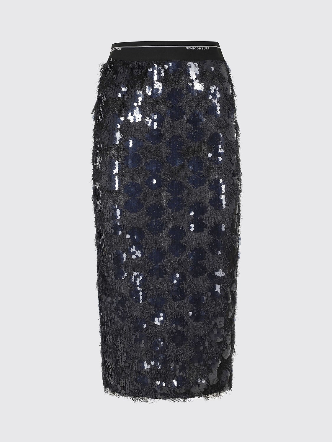 SEMICOUTURE FALDA: Falda midi de tubo Semicouture de talle alto con bordado de lentejuelas y flecos, Azul Oscuro - Img 2