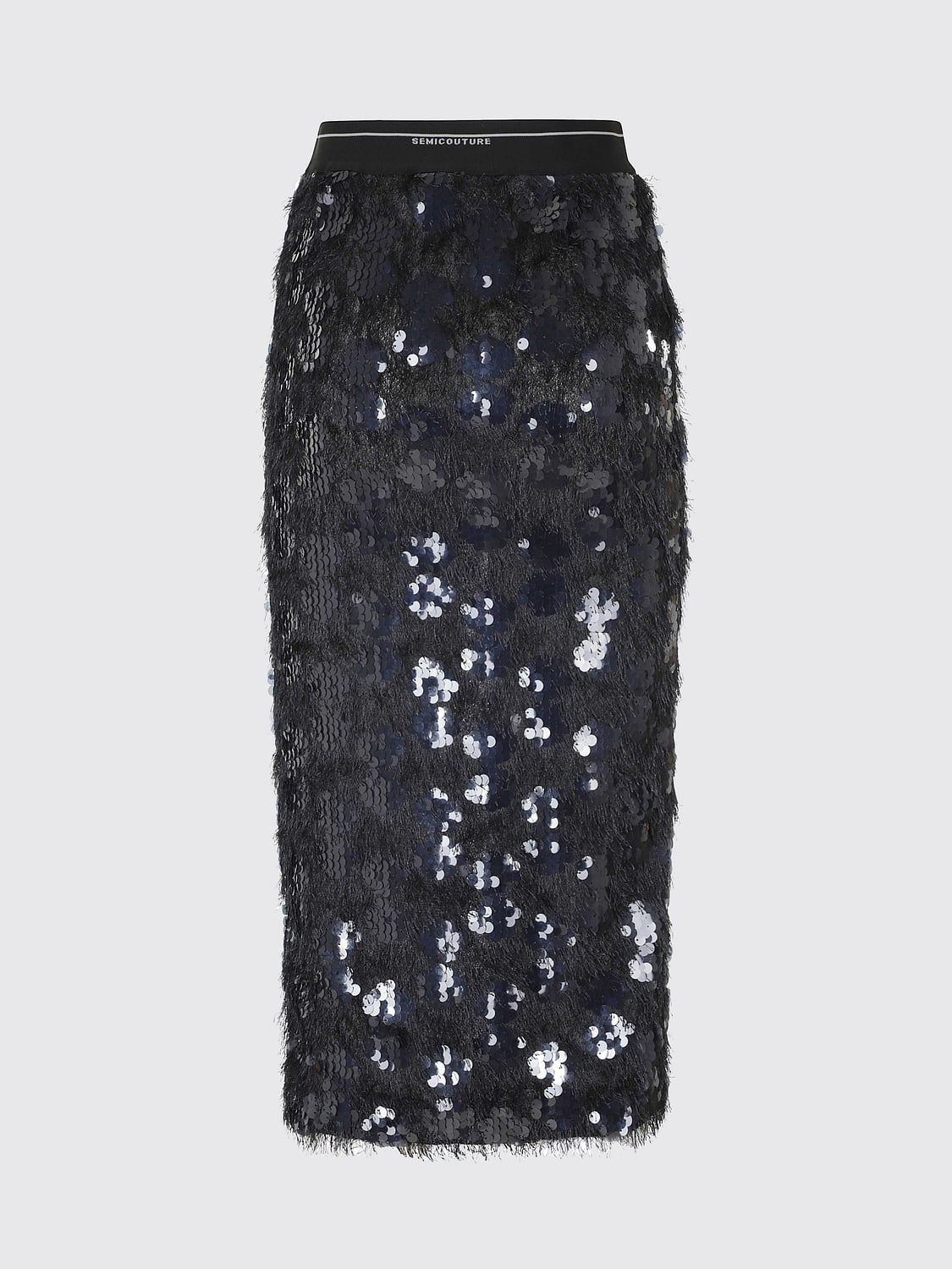 SEMICOUTURE FALDA: Falda midi de tubo Semicouture de talle alto con bordado de lentejuelas y flecos, Azul Oscuro - Img 3