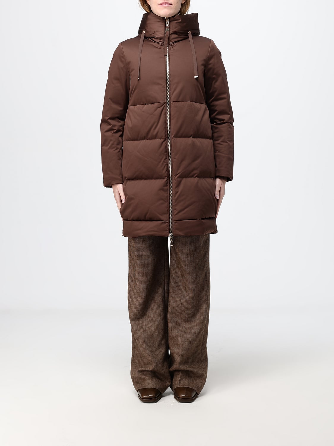 DUNO JACKET: Duno Talia Water-Repellent Knee-Length Down Jacket with Hood and Drawstring, Cocoa - Img 1