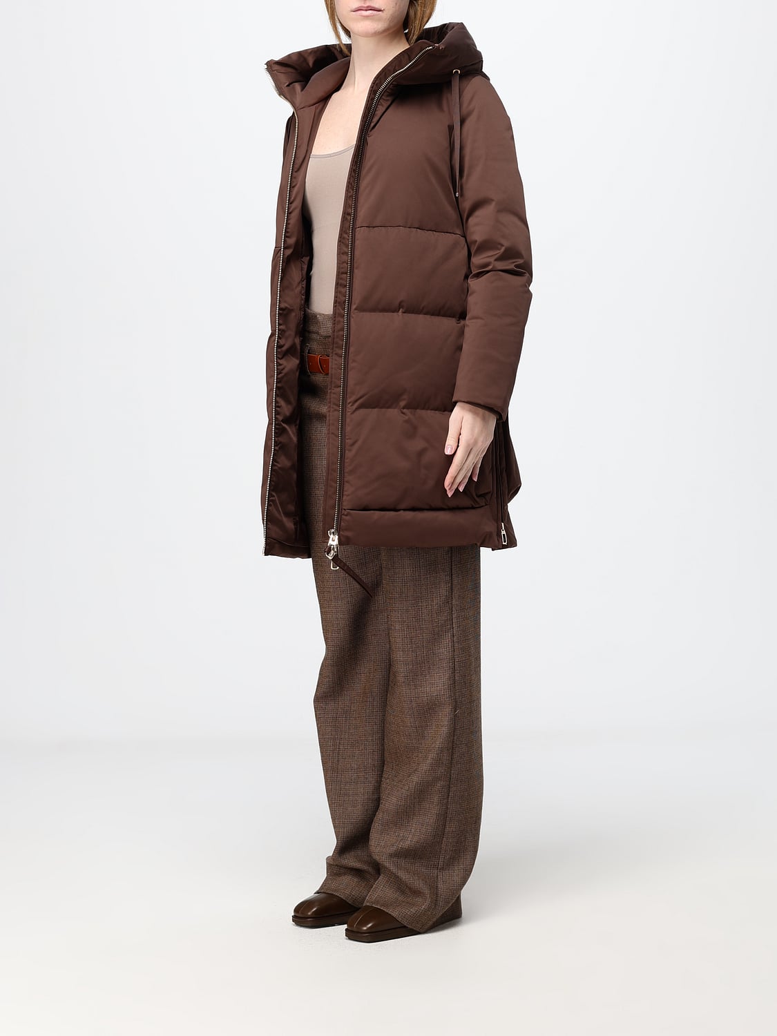 DUNO JACKET: Duno Talia Water-Repellent Knee-Length Down Jacket with Hood and Drawstring, Cocoa - Img 3