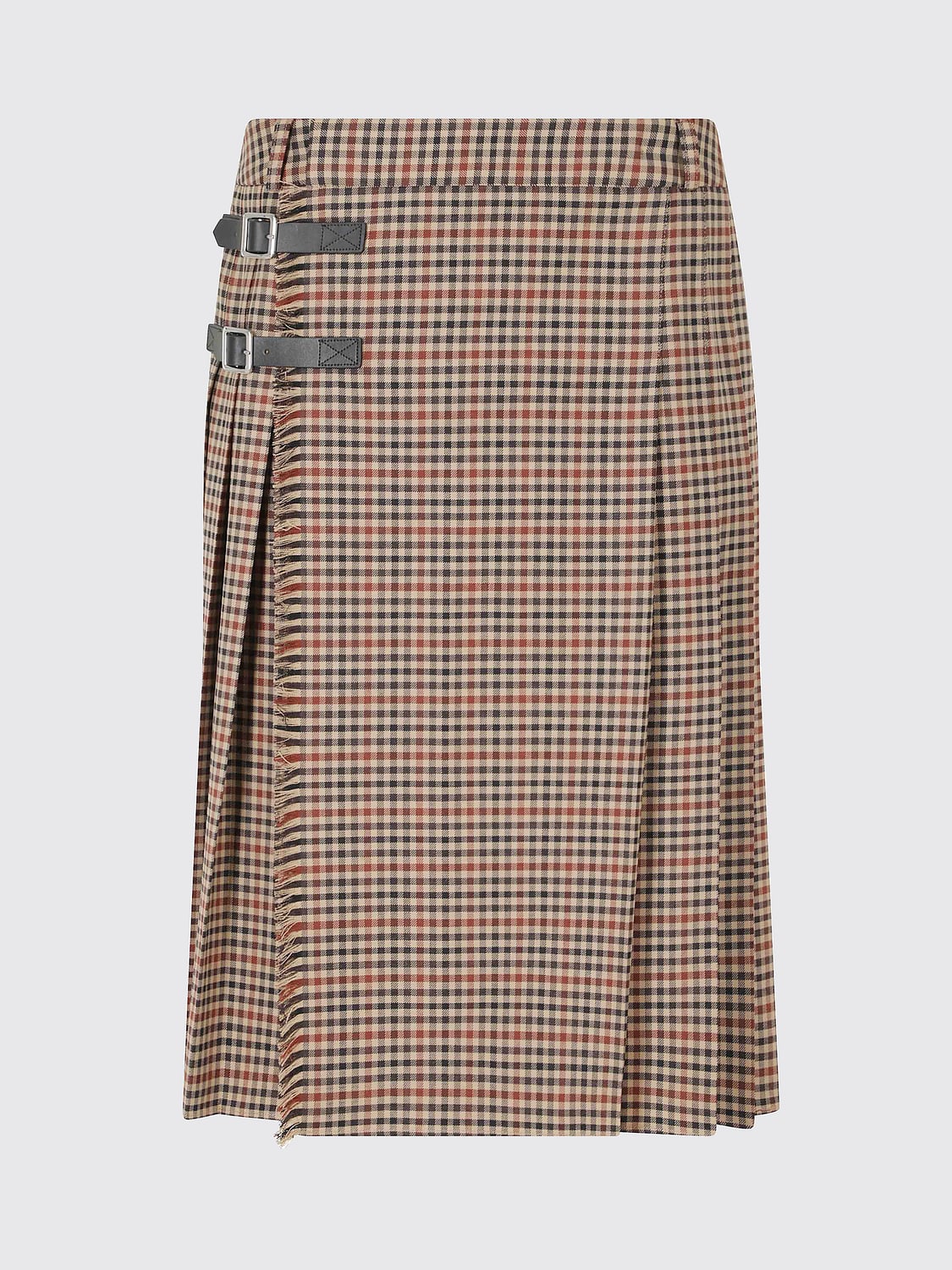 HERSKIND SKIRT: Herskind High-Waisted Check Wool Pleated Wrap Mini Skirt with Buckle, Brown - Img 2
