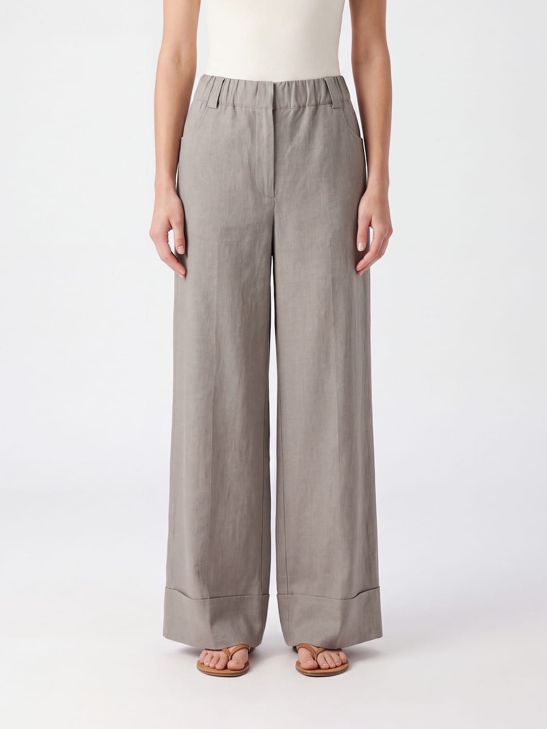 ALYSI PANTS: Alysi Wool-Blend Wide-Leg Palazzo Trousers with Elasticated Waist, Brown - Img 1