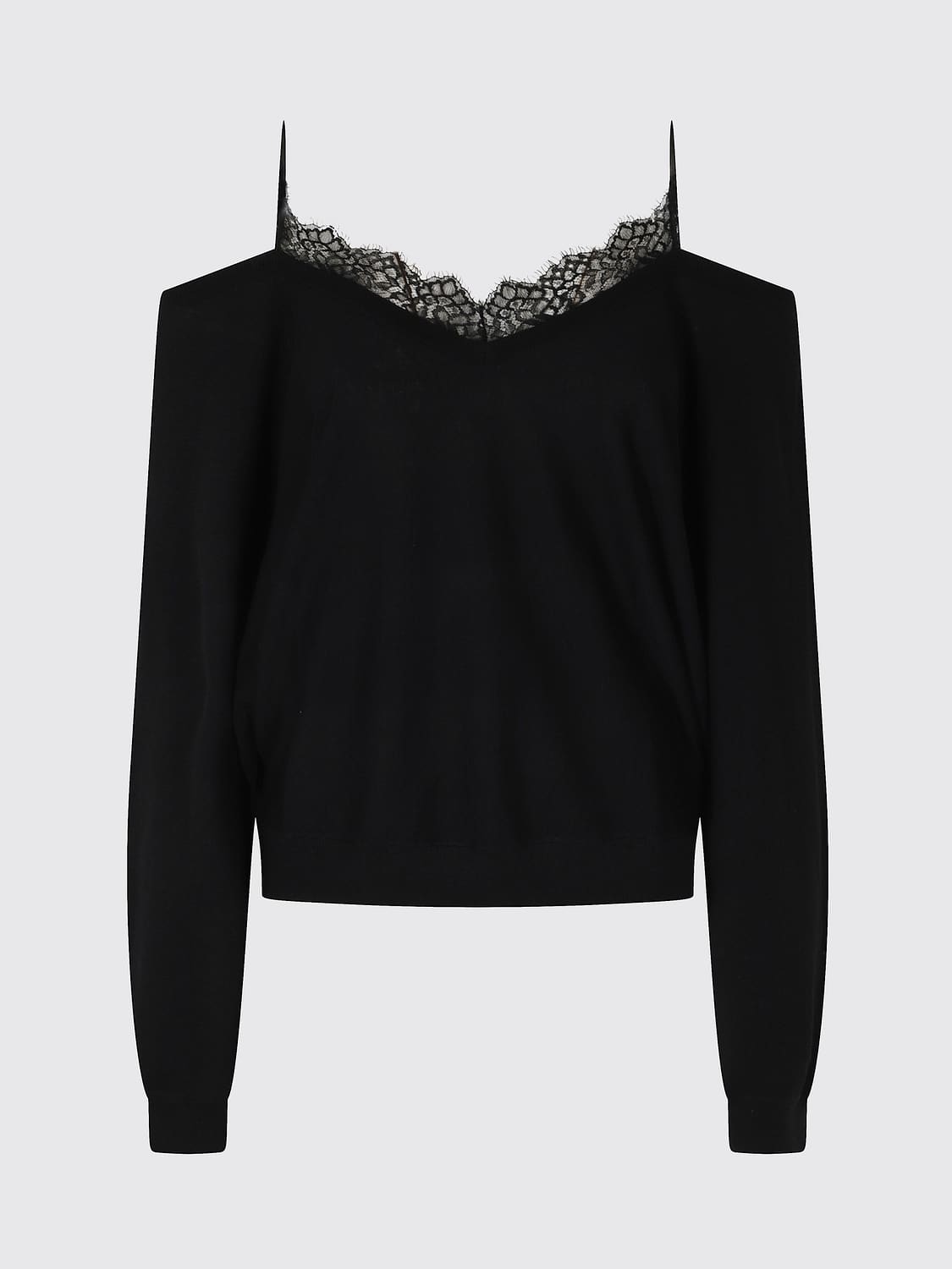 IRO TOP: Top Iro en maille de coton et soie à col V avec empiècements en dentelle, Noir - Img 2