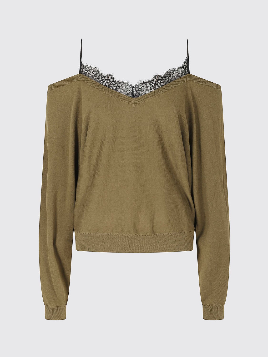 IRO TOP: Top Iro in maglia di cotone e seta con scollo a V e inserti in pizzo, Verde - Img 2