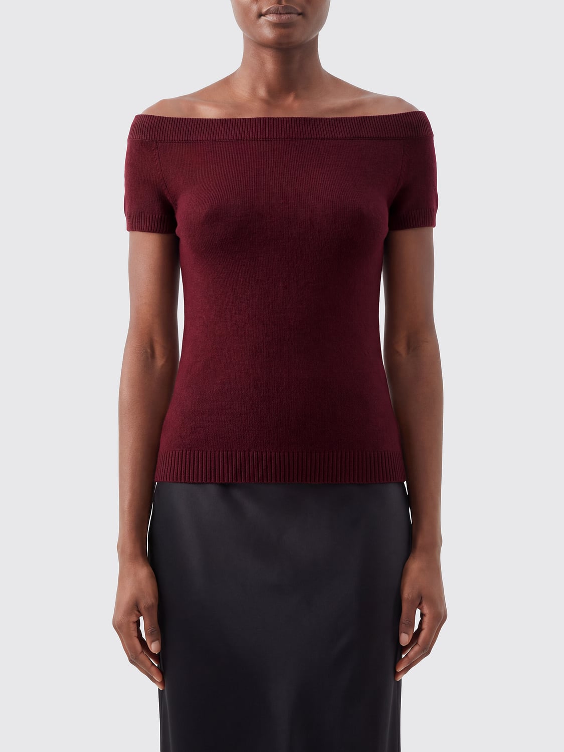 IRO TOP: Top Iro in maglia di cashmere e lana con scollo a barca e maniche corte, Prugna - Img 1